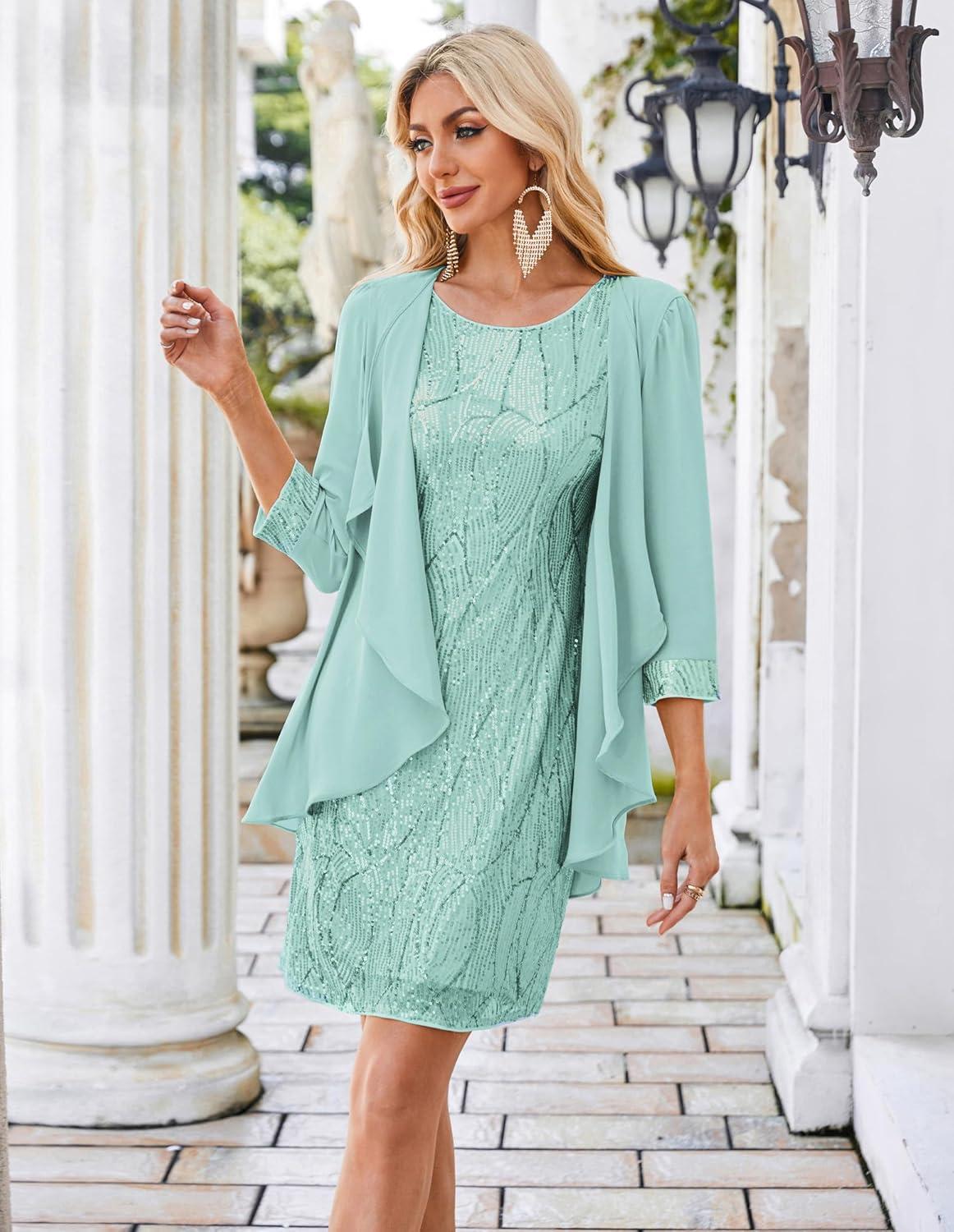 imageGRACE KARIN Womens Sequin Dress Wedding Guest amp Mother of The Bride Formal Dress Two Piece Knee LengthAqua Green