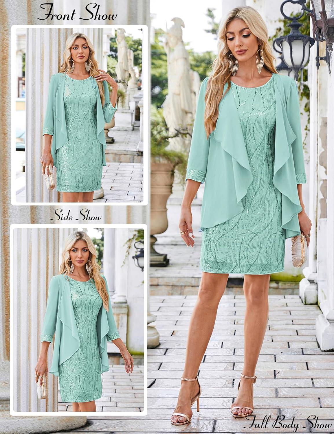 imageGRACE KARIN Womens Sequin Dress Wedding Guest amp Mother of The Bride Formal Dress Two Piece Knee LengthAqua Green