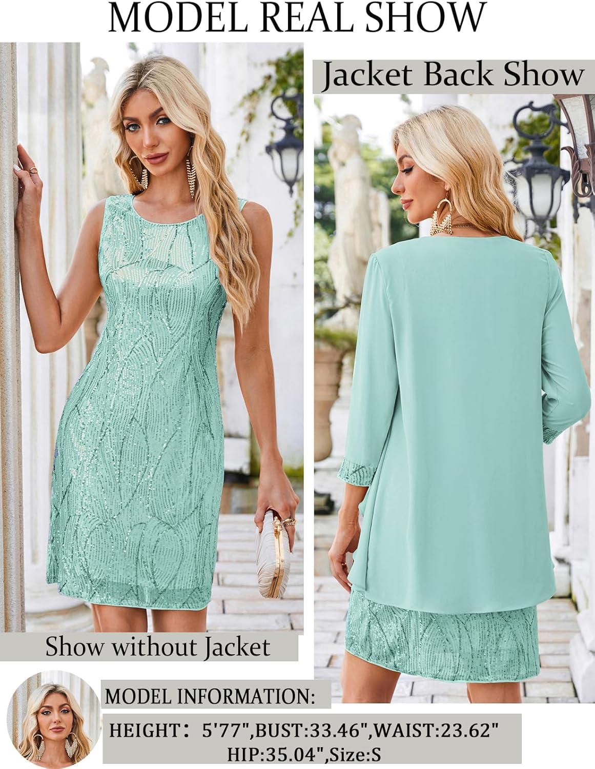 imageGRACE KARIN Womens Sequin Dress Wedding Guest amp Mother of The Bride Formal Dress Two Piece Knee LengthAqua Green