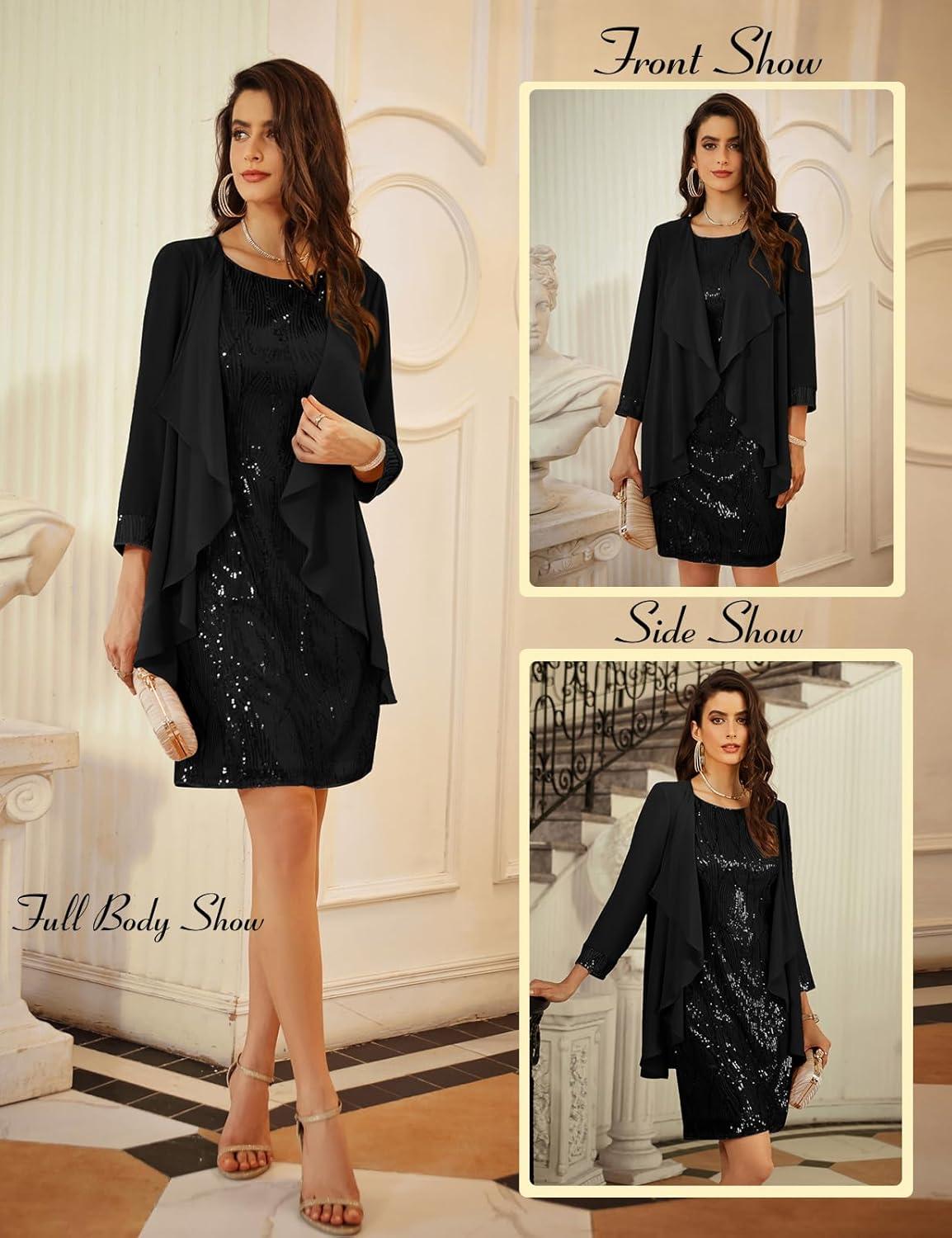 imageGRACE KARIN Womens Sequin Dress Wedding Guest amp Mother of The Bride Formal Dress Two Piece Knee LengthBlack