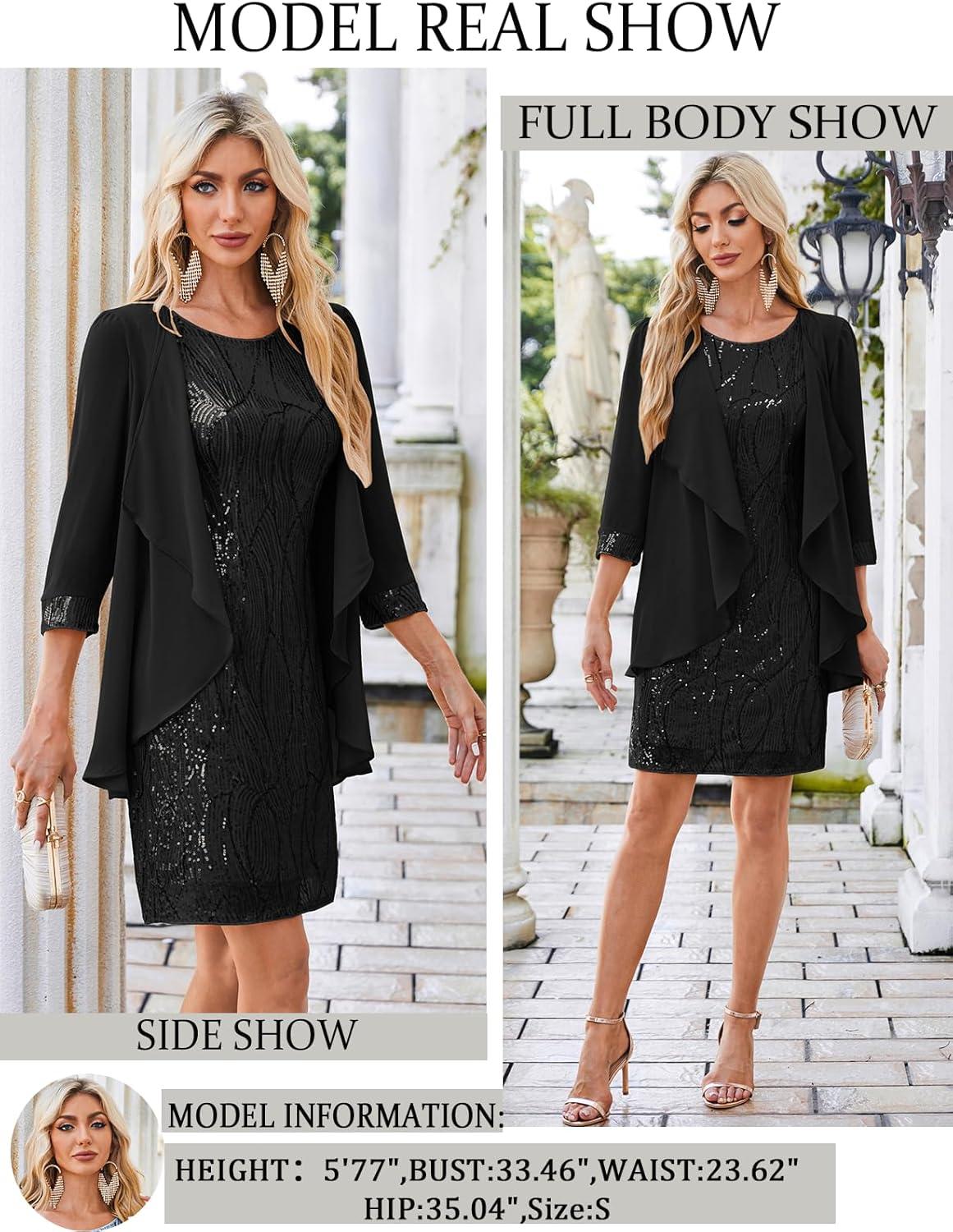 imageGRACE KARIN Womens Sequin Dress Wedding Guest amp Mother of The Bride Formal Dress Two Piece Knee LengthBlack
