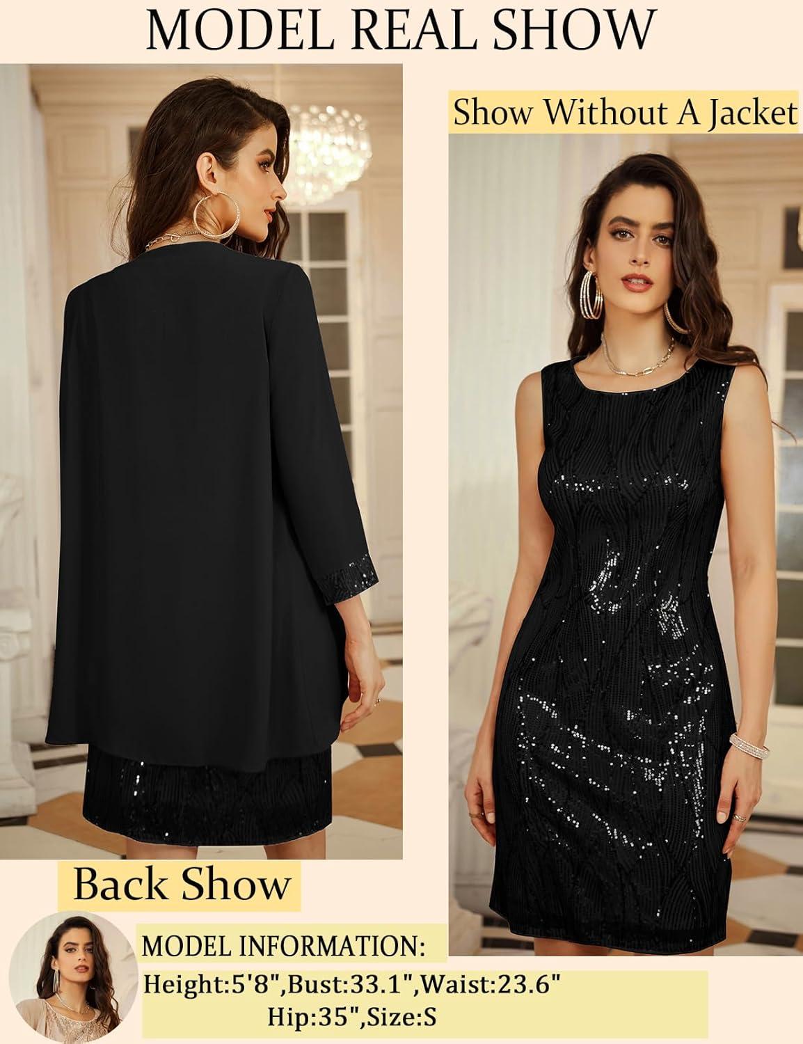imageGRACE KARIN Womens Sequin Dress Wedding Guest amp Mother of The Bride Formal Dress Two Piece Knee LengthBlack