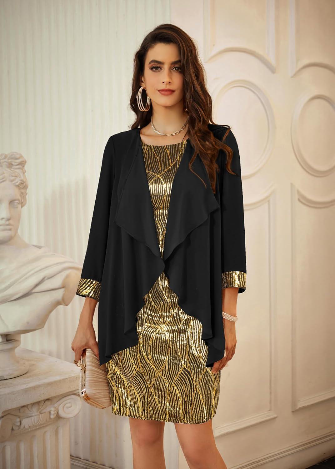 imageGRACE KARIN Womens Sequin Dress Wedding Guest amp Mother of The Bride Formal Dress Two Piece Knee LengthBlack Gold
