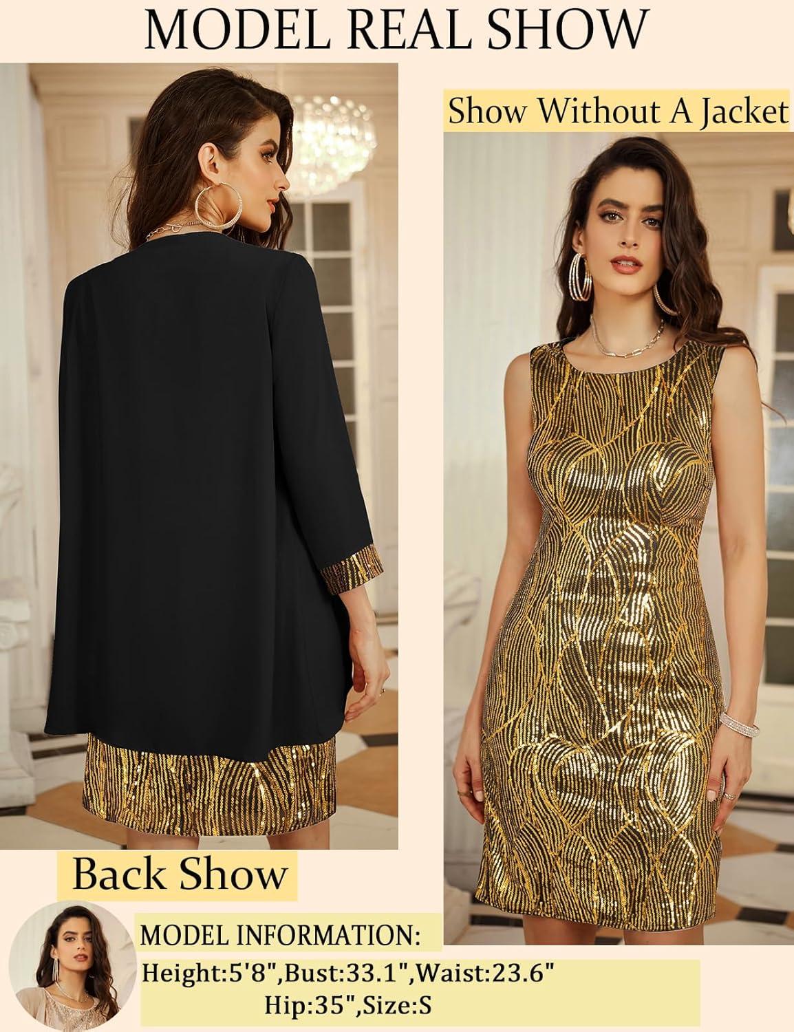 imageGRACE KARIN Womens Sequin Dress Wedding Guest amp Mother of The Bride Formal Dress Two Piece Knee LengthBlack Gold