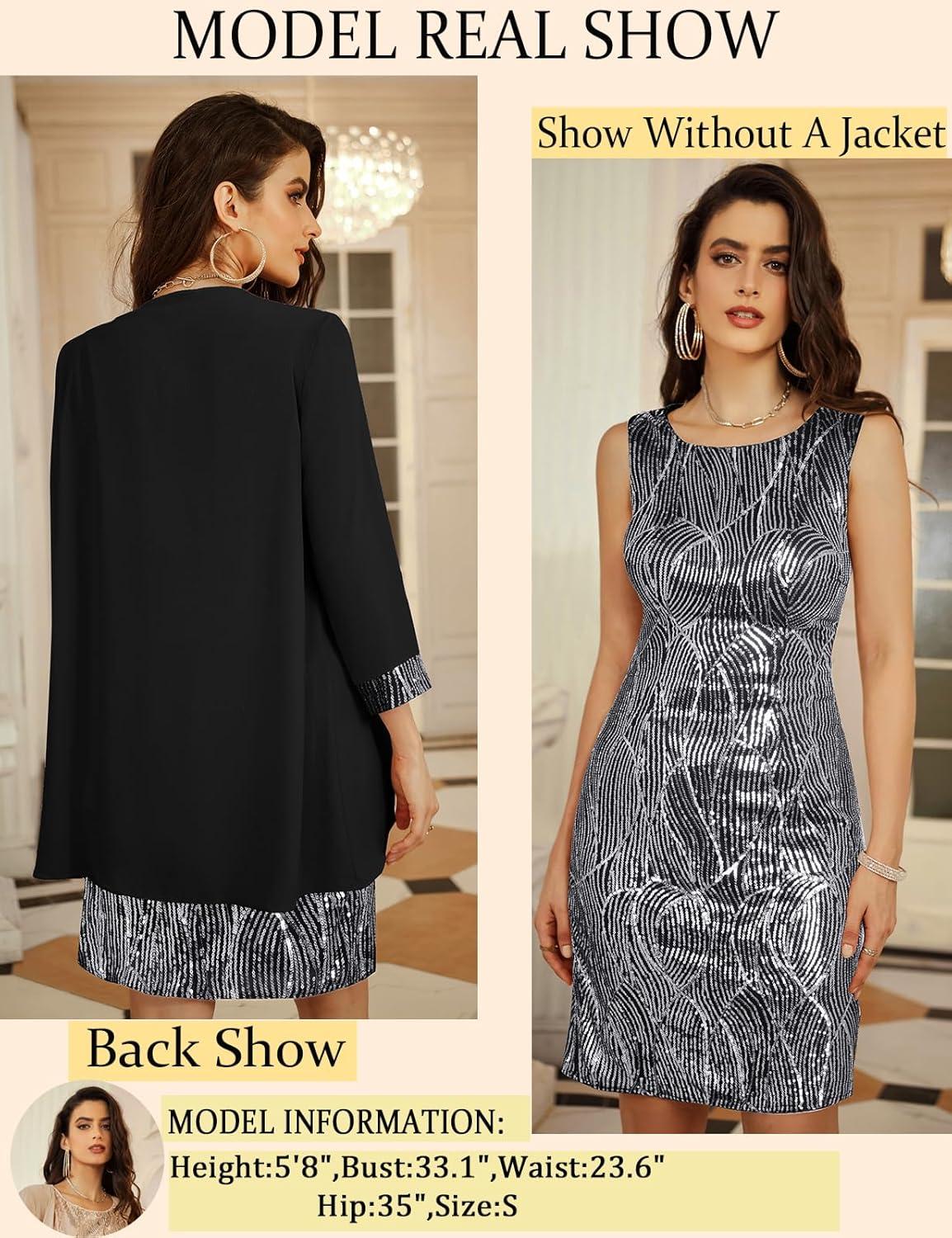 imageGRACE KARIN Womens Sequin Dress Wedding Guest amp Mother of The Bride Formal Dress Two Piece Knee LengthBlack Silver