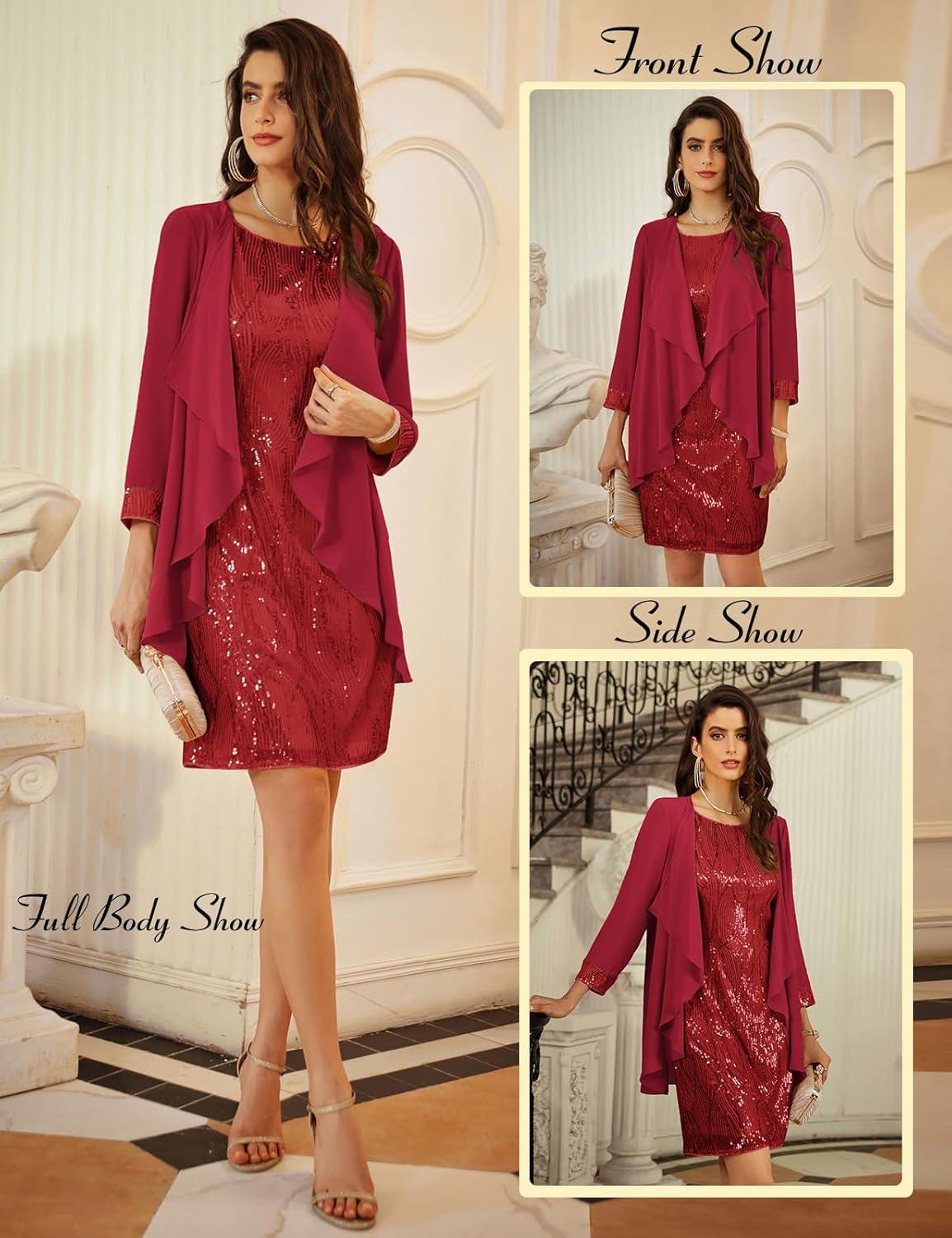 imageGRACE KARIN Womens Sequin Dress Wedding Guest amp Mother of The Bride Formal Dress Two Piece Knee LengthBright Red