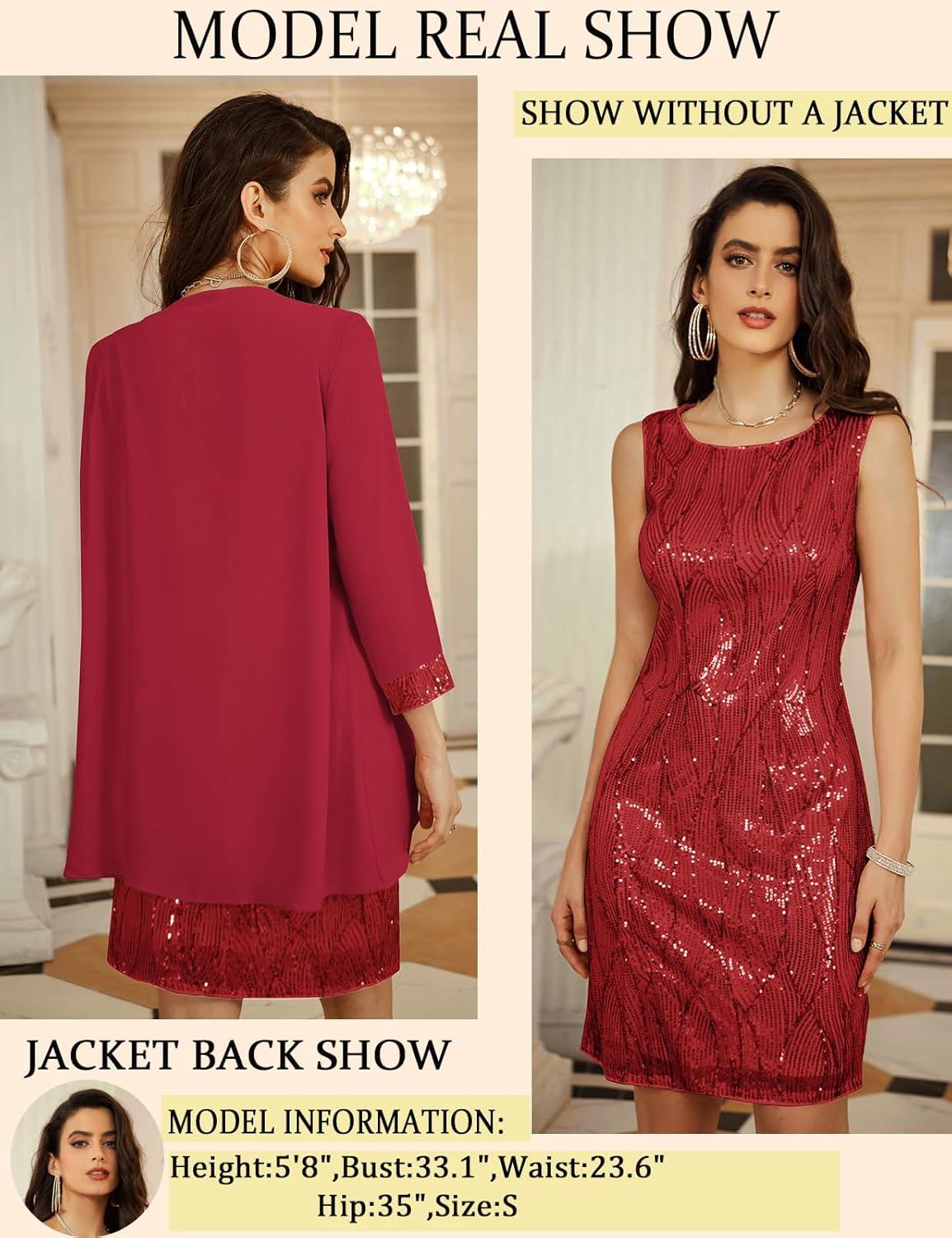 imageGRACE KARIN Womens Sequin Dress Wedding Guest amp Mother of The Bride Formal Dress Two Piece Knee LengthBright Red