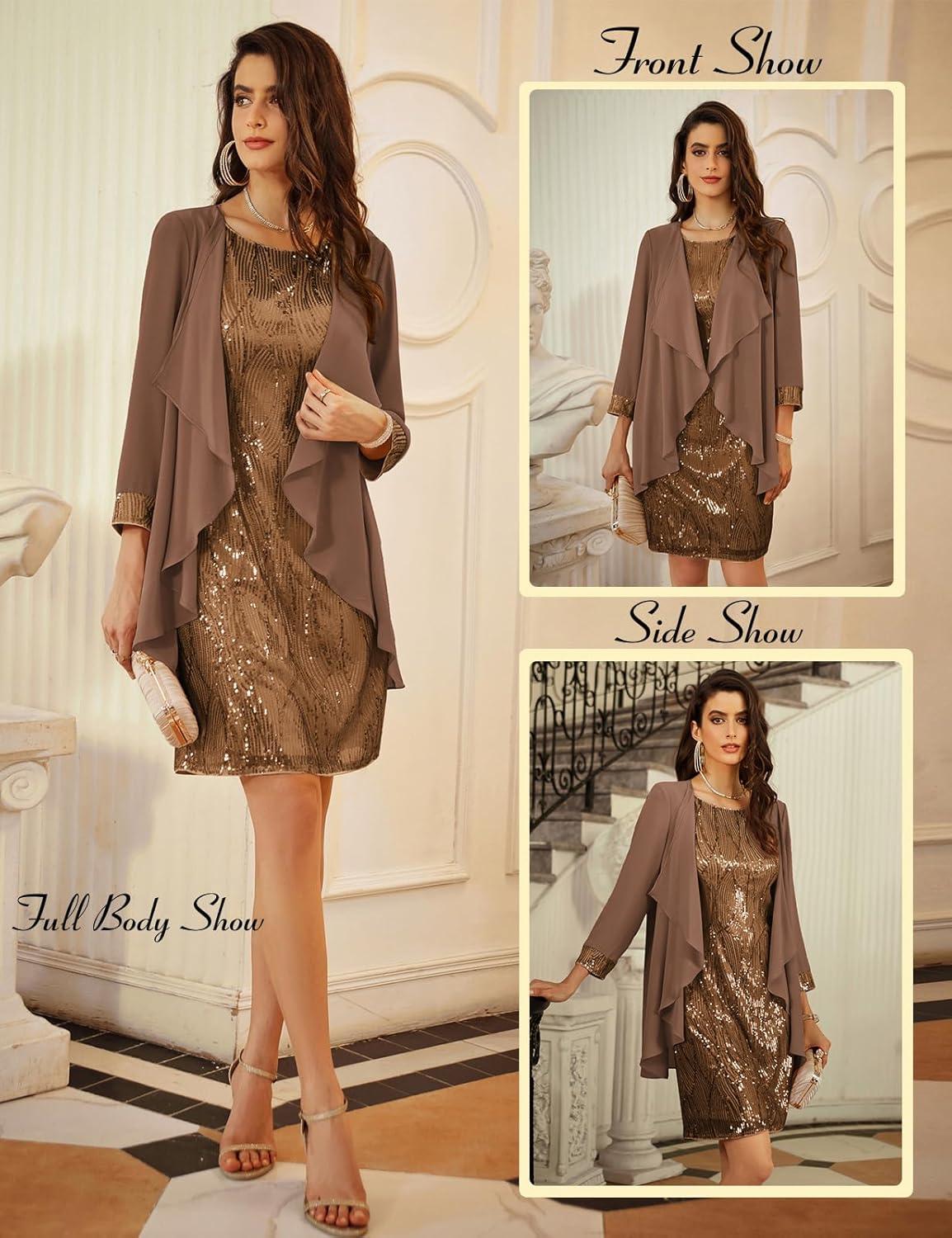 imageGRACE KARIN Womens Sequin Dress Wedding Guest amp Mother of The Bride Formal Dress Two Piece Knee LengthBrown