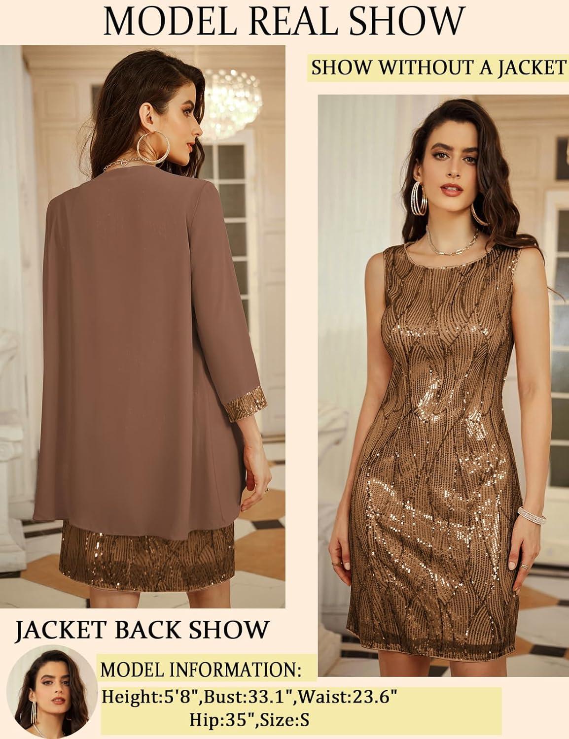 imageGRACE KARIN Womens Sequin Dress Wedding Guest amp Mother of The Bride Formal Dress Two Piece Knee LengthBrown