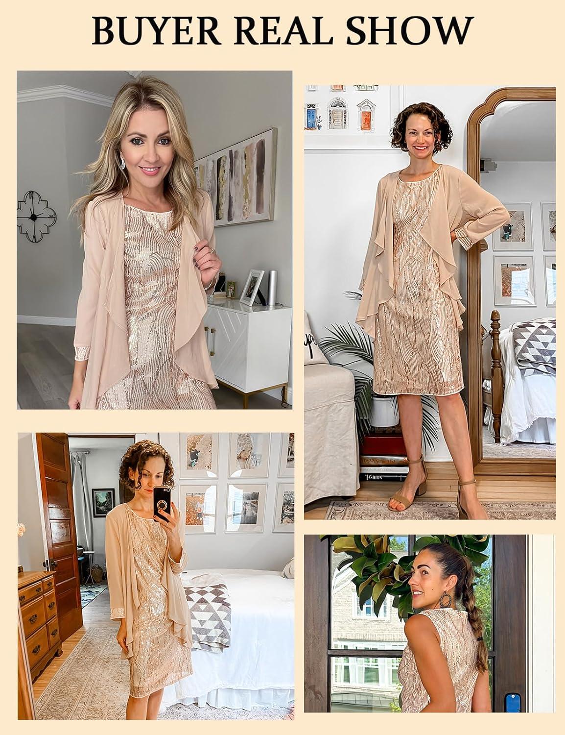 imageGRACE KARIN Womens Sequin Dress Wedding Guest amp Mother of The Bride Formal Dress Two Piece Knee LengthChampagne Gold