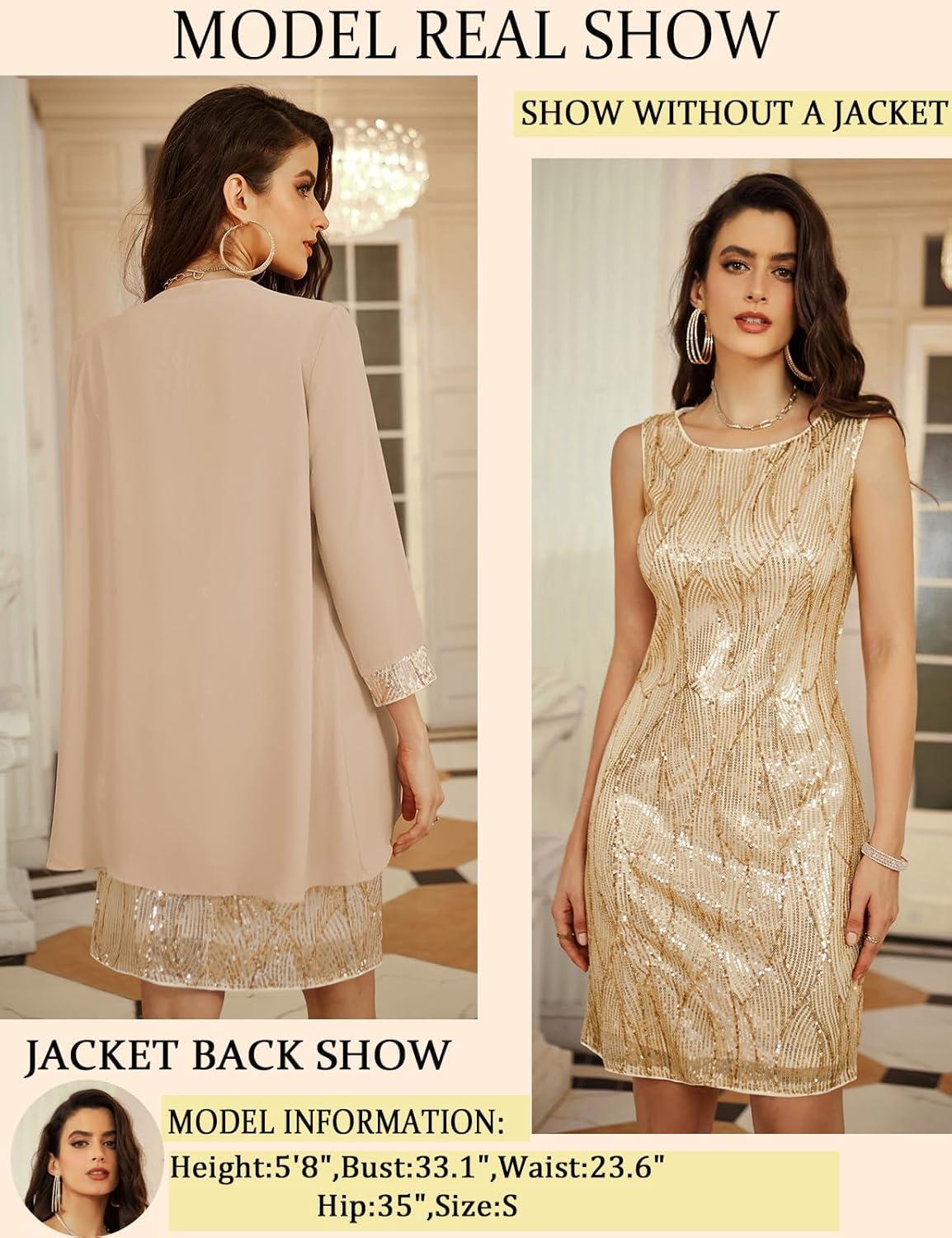 imageGRACE KARIN Womens Sequin Dress Wedding Guest amp Mother of The Bride Formal Dress Two Piece Knee LengthChampagne Gold