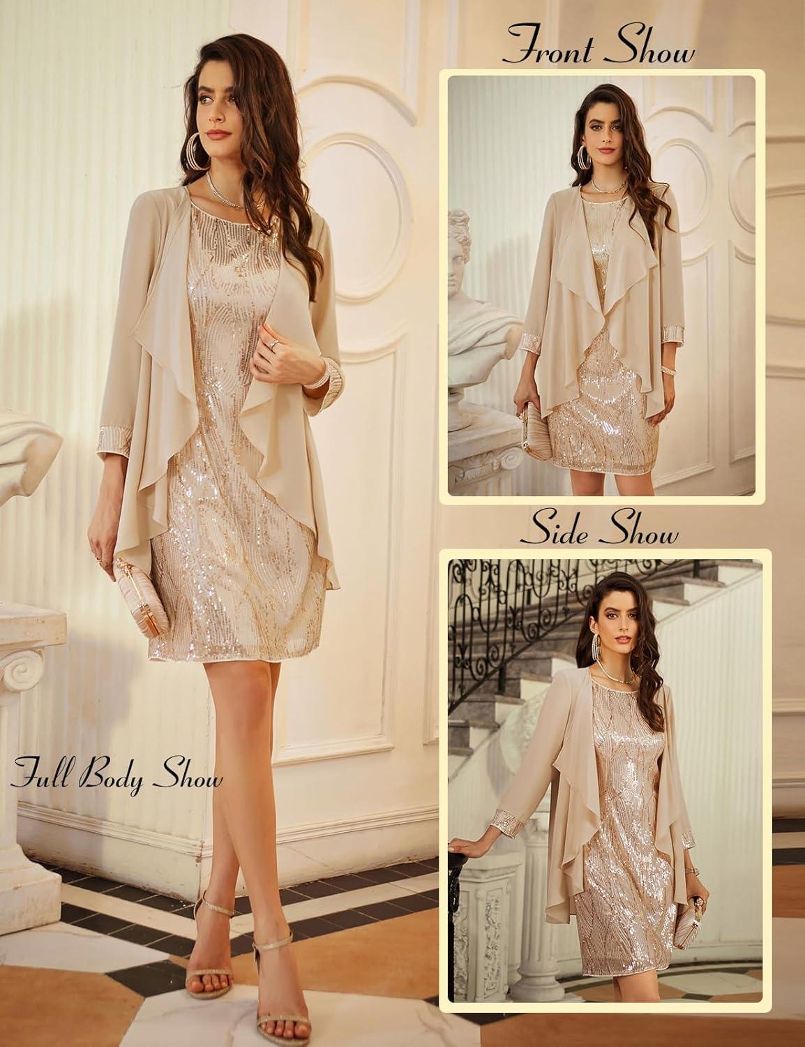 imageGRACE KARIN Womens Sequin Dress Wedding Guest amp Mother of The Bride Formal Dress Two Piece Knee LengthChampagne Gold