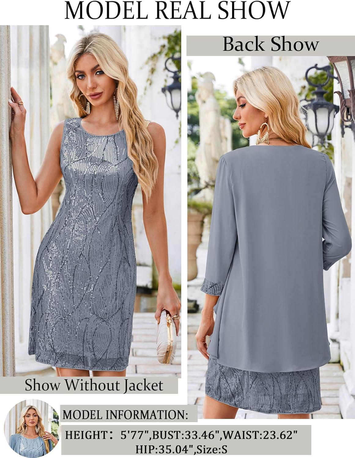 imageGRACE KARIN Womens Sequin Dress Wedding Guest amp Mother of The Bride Formal Dress Two Piece Knee LengthDark Gray