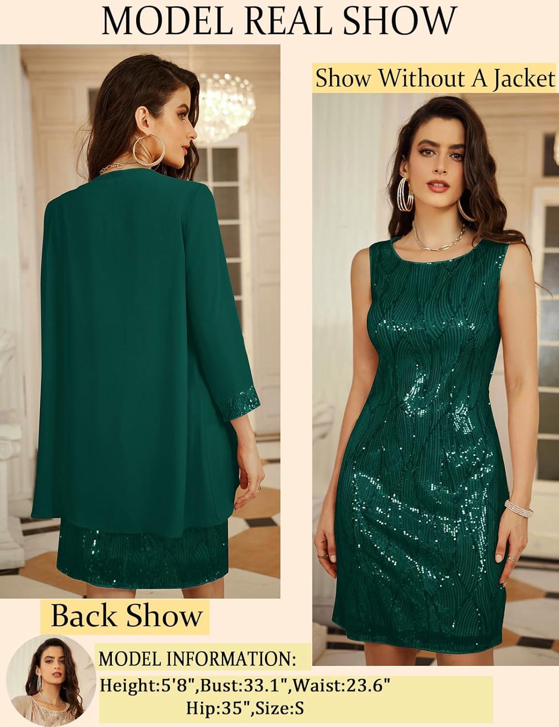 imageGRACE KARIN Womens Sequin Dress Wedding Guest amp Mother of The Bride Formal Dress Two Piece Knee LengthDark Green