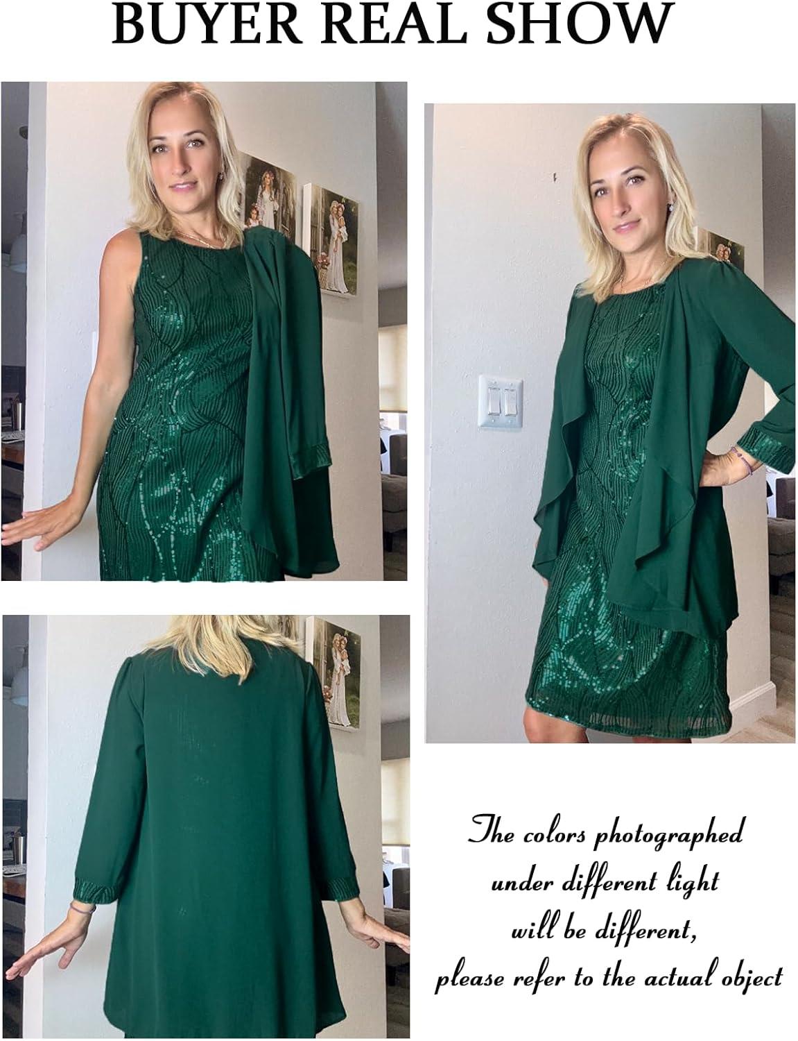 imageGRACE KARIN Womens Sequin Dress Wedding Guest amp Mother of The Bride Formal Dress Two Piece Knee LengthDark Green
