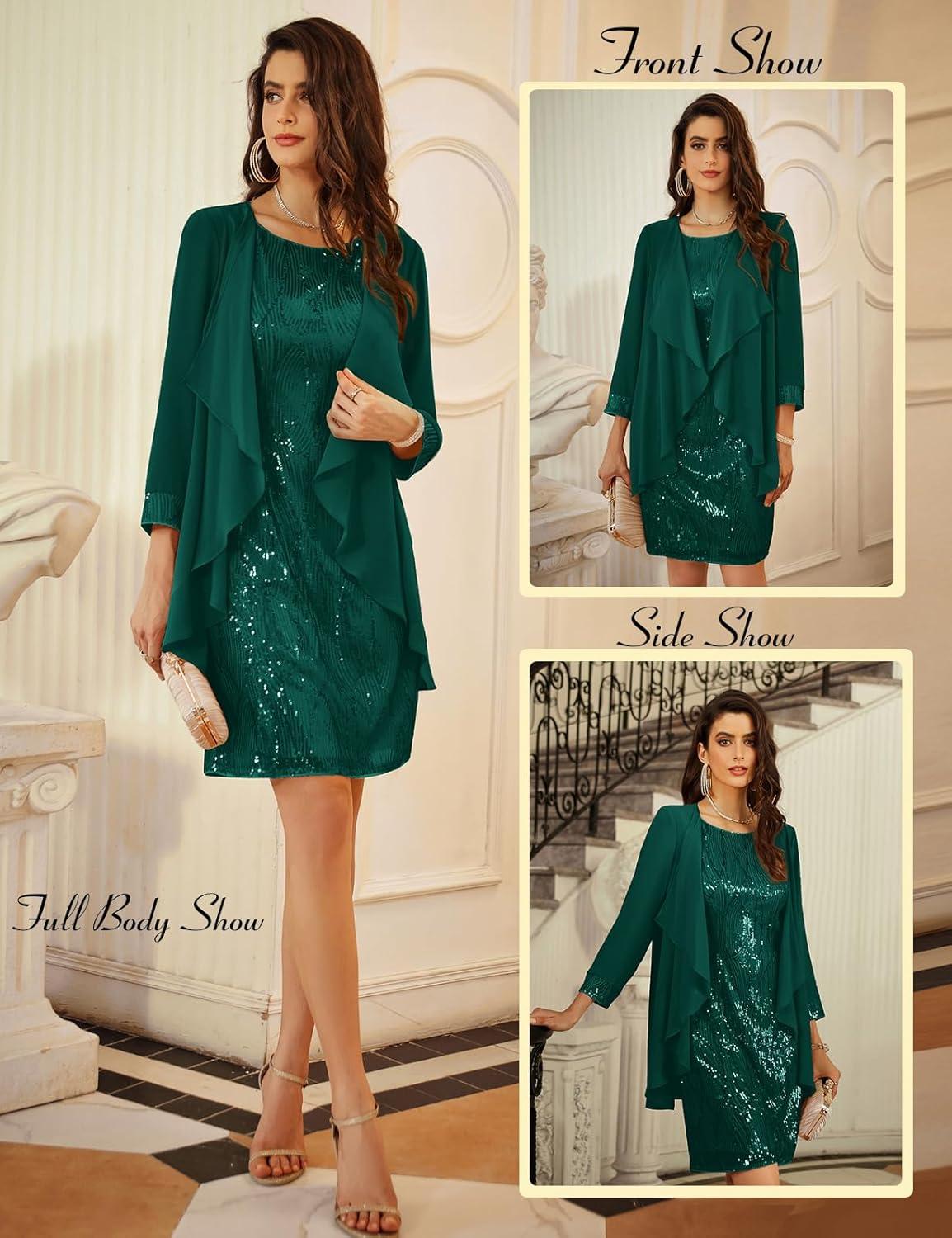 imageGRACE KARIN Womens Sequin Dress Wedding Guest amp Mother of The Bride Formal Dress Two Piece Knee LengthDark Green