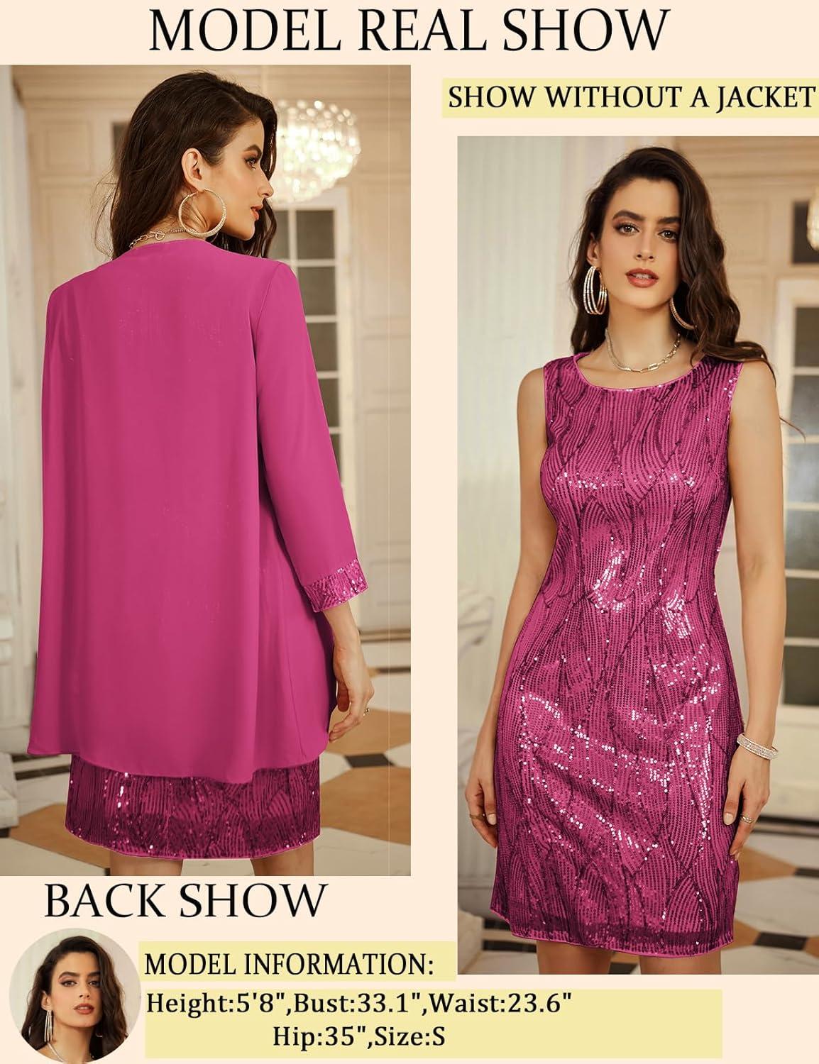 imageGRACE KARIN Womens Sequin Dress Wedding Guest amp Mother of The Bride Formal Dress Two Piece Knee LengthDeep Rose Red