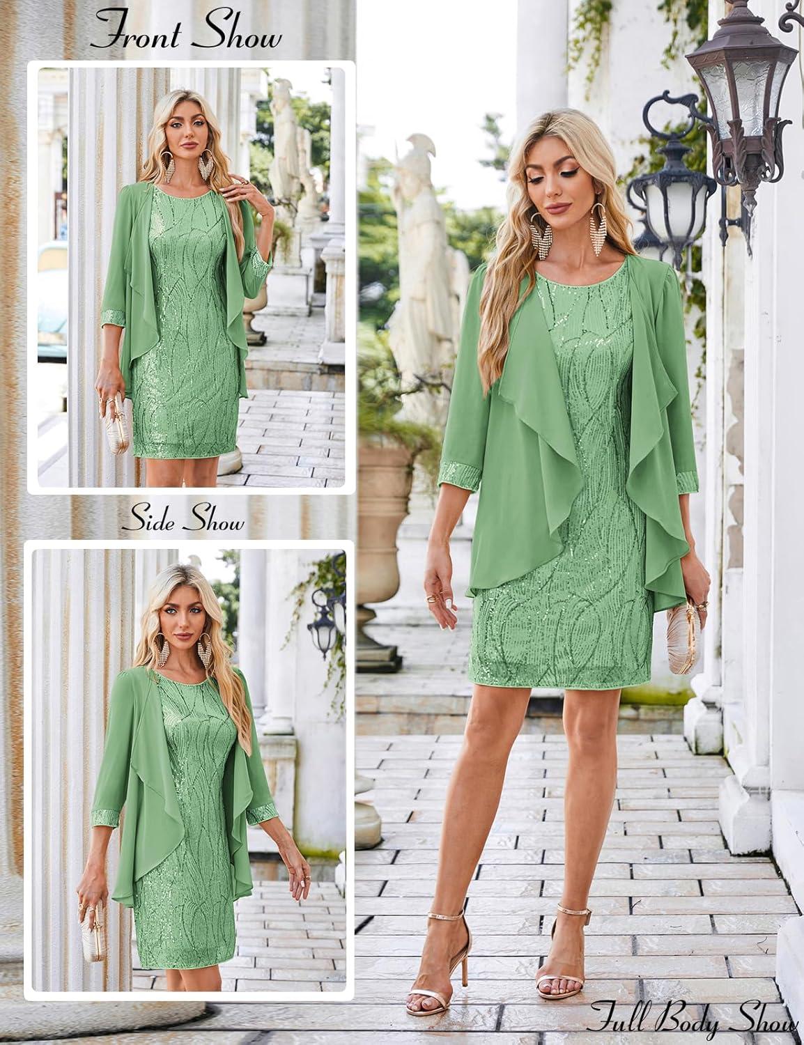 imageGRACE KARIN Womens Sequin Dress Wedding Guest amp Mother of The Bride Formal Dress Two Piece Knee LengthGrass Green