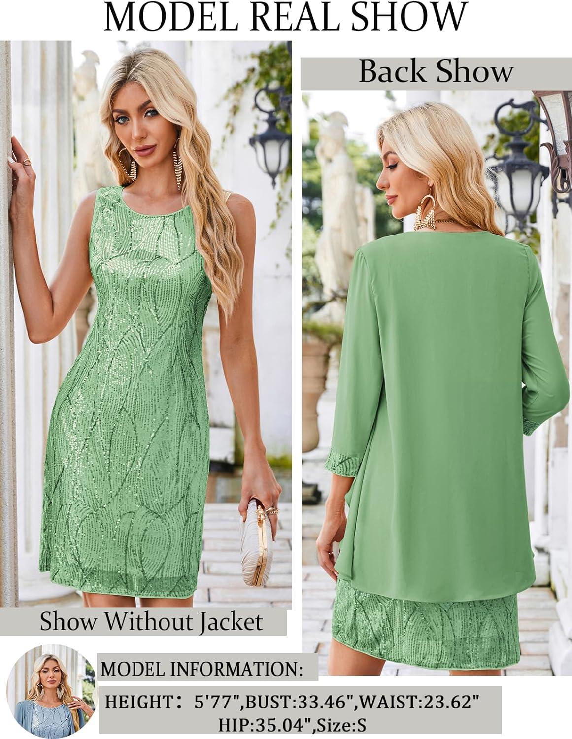 imageGRACE KARIN Womens Sequin Dress Wedding Guest amp Mother of The Bride Formal Dress Two Piece Knee LengthGrass Green