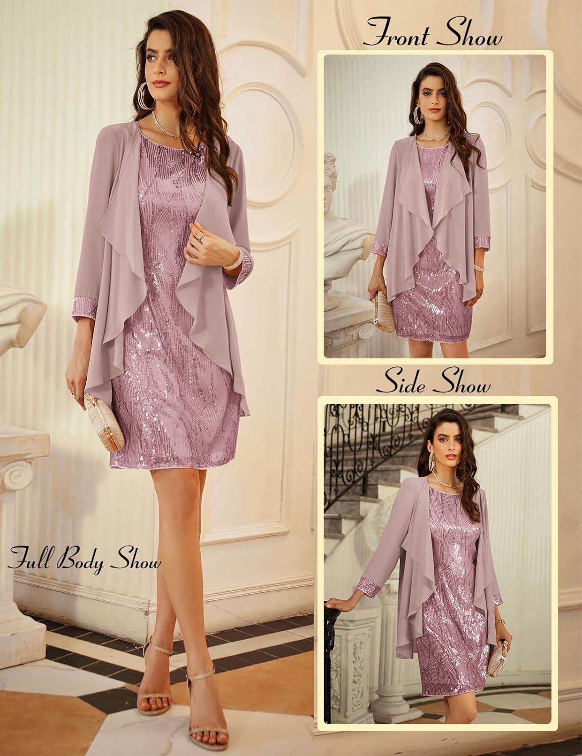 imageGRACE KARIN Womens Sequin Dress Wedding Guest amp Mother of The Bride Formal Dress Two Piece Knee LengthGray Purple
