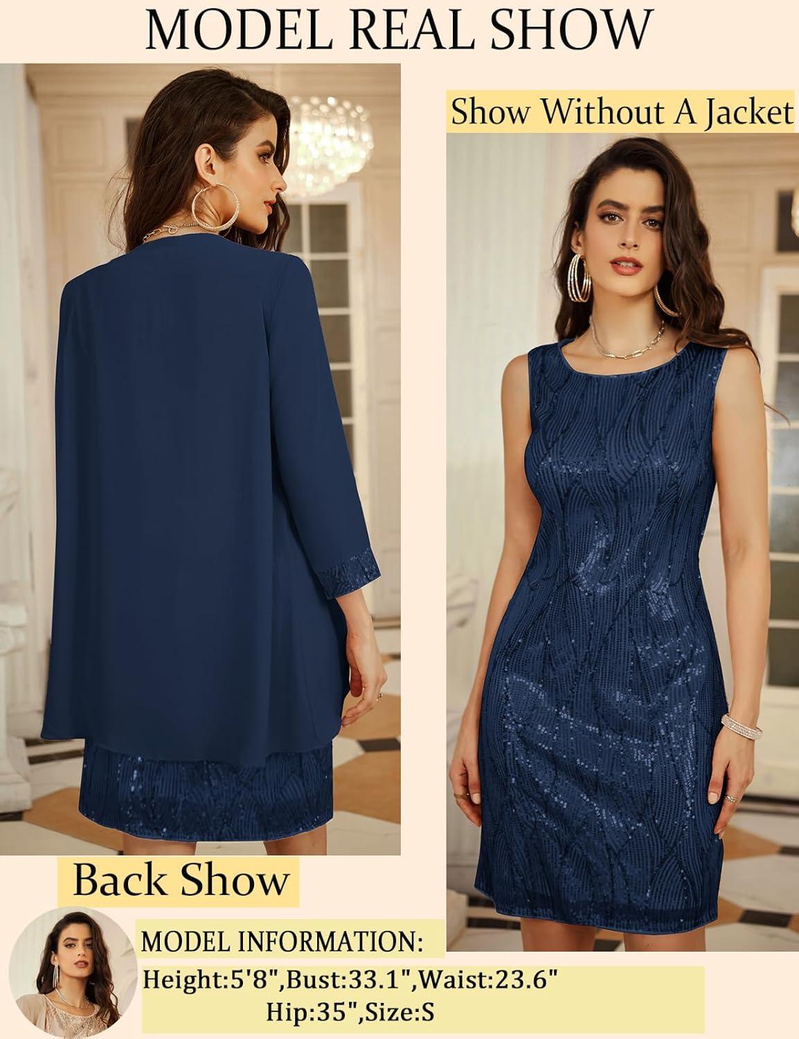 imageGRACE KARIN Womens Sequin Dress Wedding Guest amp Mother of The Bride Formal Dress Two Piece Knee LengthGrey Blue