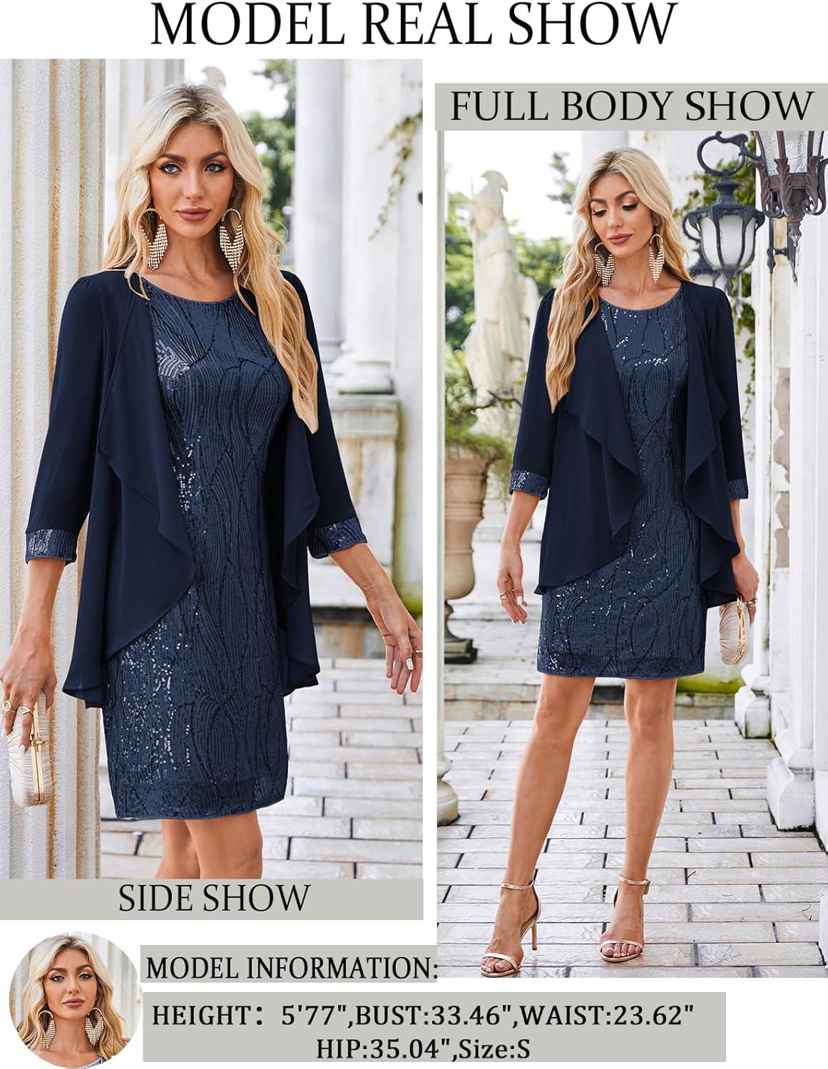 imageGRACE KARIN Womens Sequin Dress Wedding Guest amp Mother of The Bride Formal Dress Two Piece Knee LengthGrey Blue