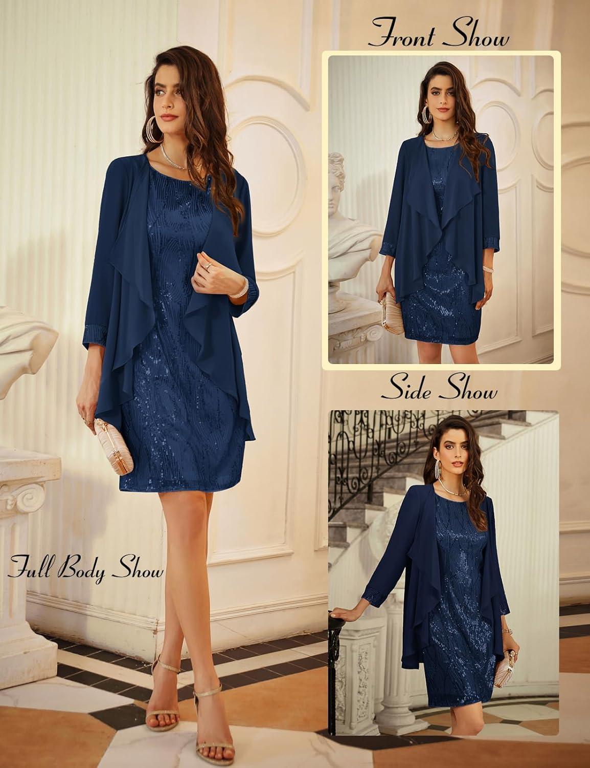imageGRACE KARIN Womens Sequin Dress Wedding Guest amp Mother of The Bride Formal Dress Two Piece Knee LengthGrey Blue
