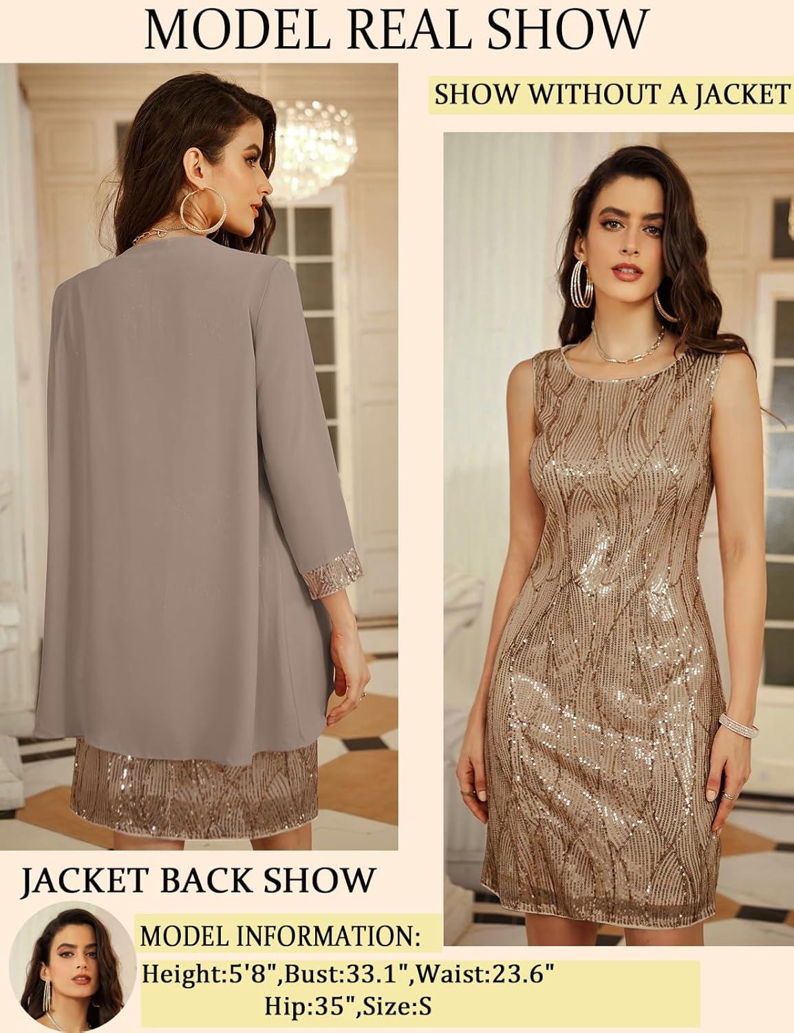 imageGRACE KARIN Womens Sequin Dress Wedding Guest amp Mother of The Bride Formal Dress Two Piece Knee LengthKhaki Gray