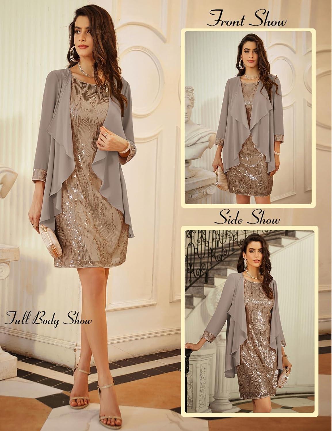 imageGRACE KARIN Womens Sequin Dress Wedding Guest amp Mother of The Bride Formal Dress Two Piece Knee LengthKhaki Gray