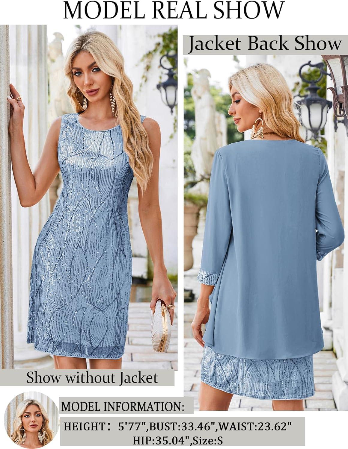 imageGRACE KARIN Womens Sequin Dress Wedding Guest amp Mother of The Bride Formal Dress Two Piece Knee LengthLight Gray Blue