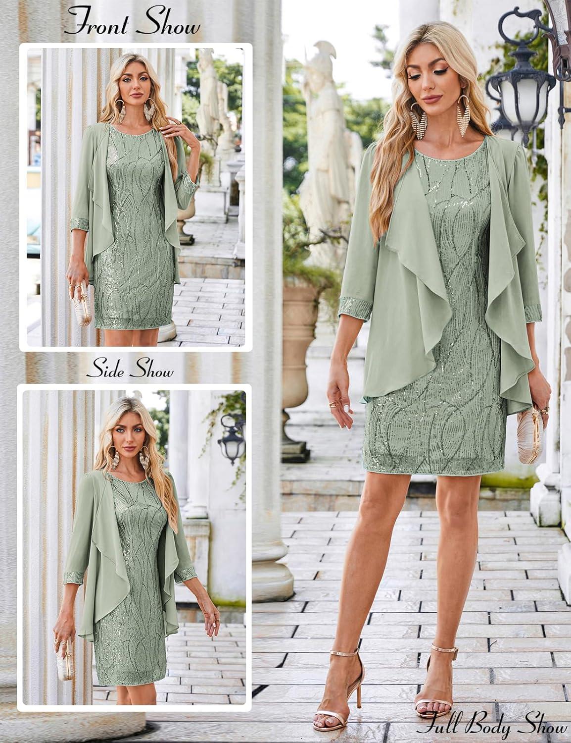 imageGRACE KARIN Womens Sequin Dress Wedding Guest amp Mother of The Bride Formal Dress Two Piece Knee LengthLight Gray Green
