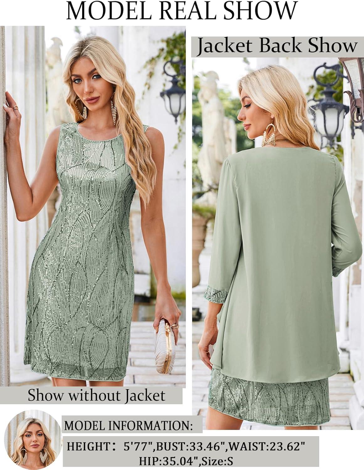 imageGRACE KARIN Womens Sequin Dress Wedding Guest amp Mother of The Bride Formal Dress Two Piece Knee LengthLight Gray Green