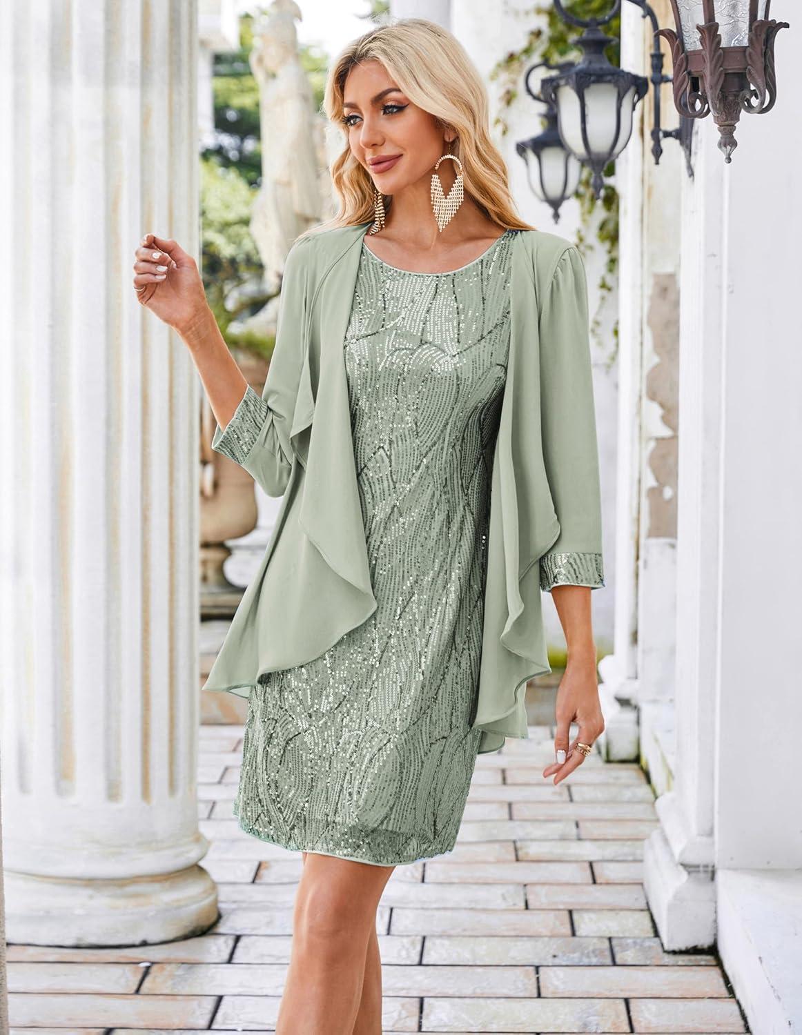imageGRACE KARIN Womens Sequin Dress Wedding Guest amp Mother of The Bride Formal Dress Two Piece Knee LengthLight Gray Green
