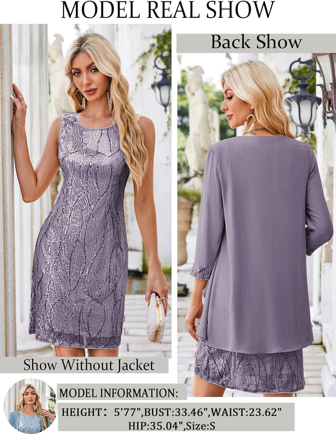 imageGRACE KARIN Womens Sequin Dress Wedding Guest amp Mother of The Bride Formal Dress Two Piece Knee LengthLight Purple
