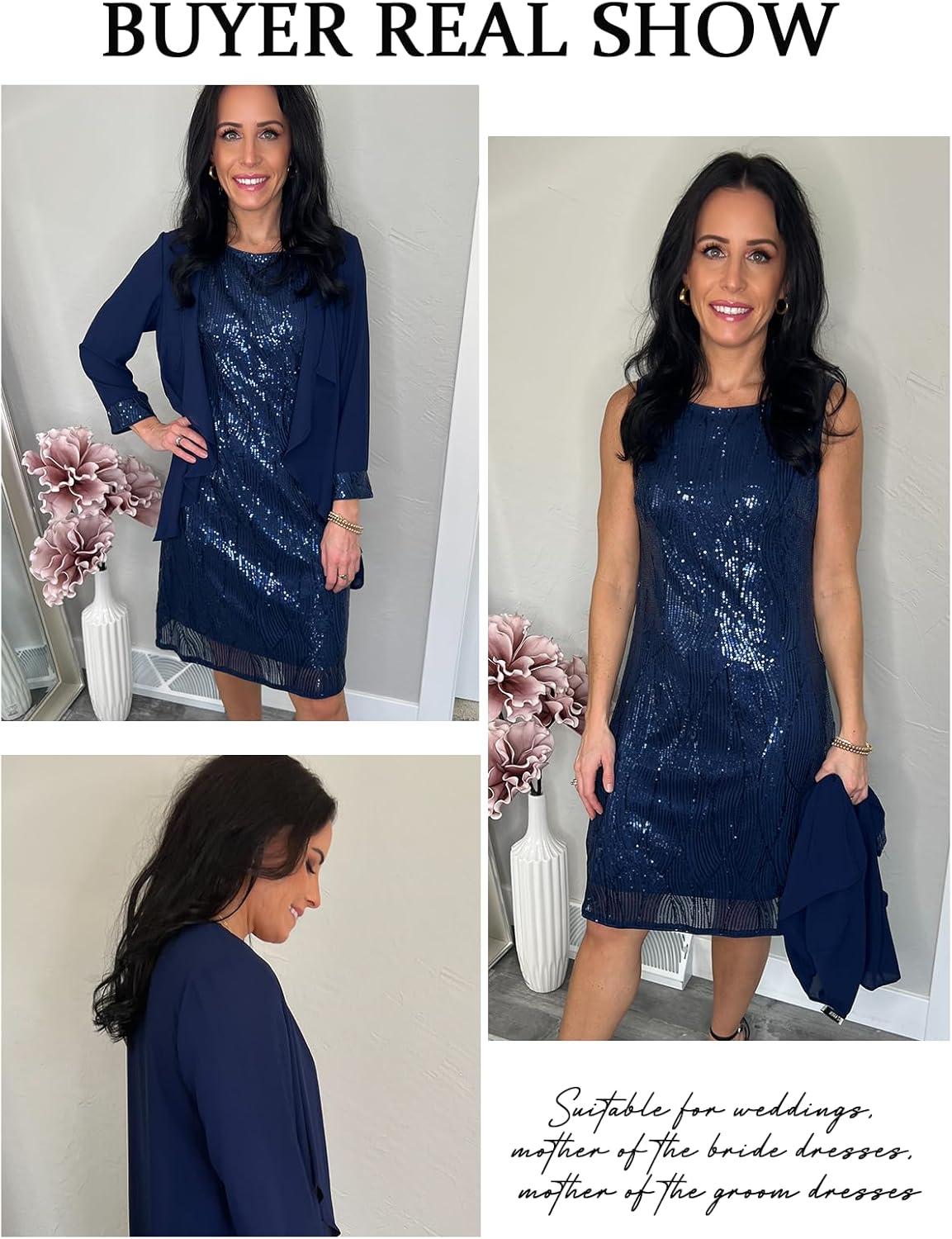imageGRACE KARIN Womens Sequin Dress Wedding Guest amp Mother of The Bride Formal Dress Two Piece Knee LengthNavy Blue