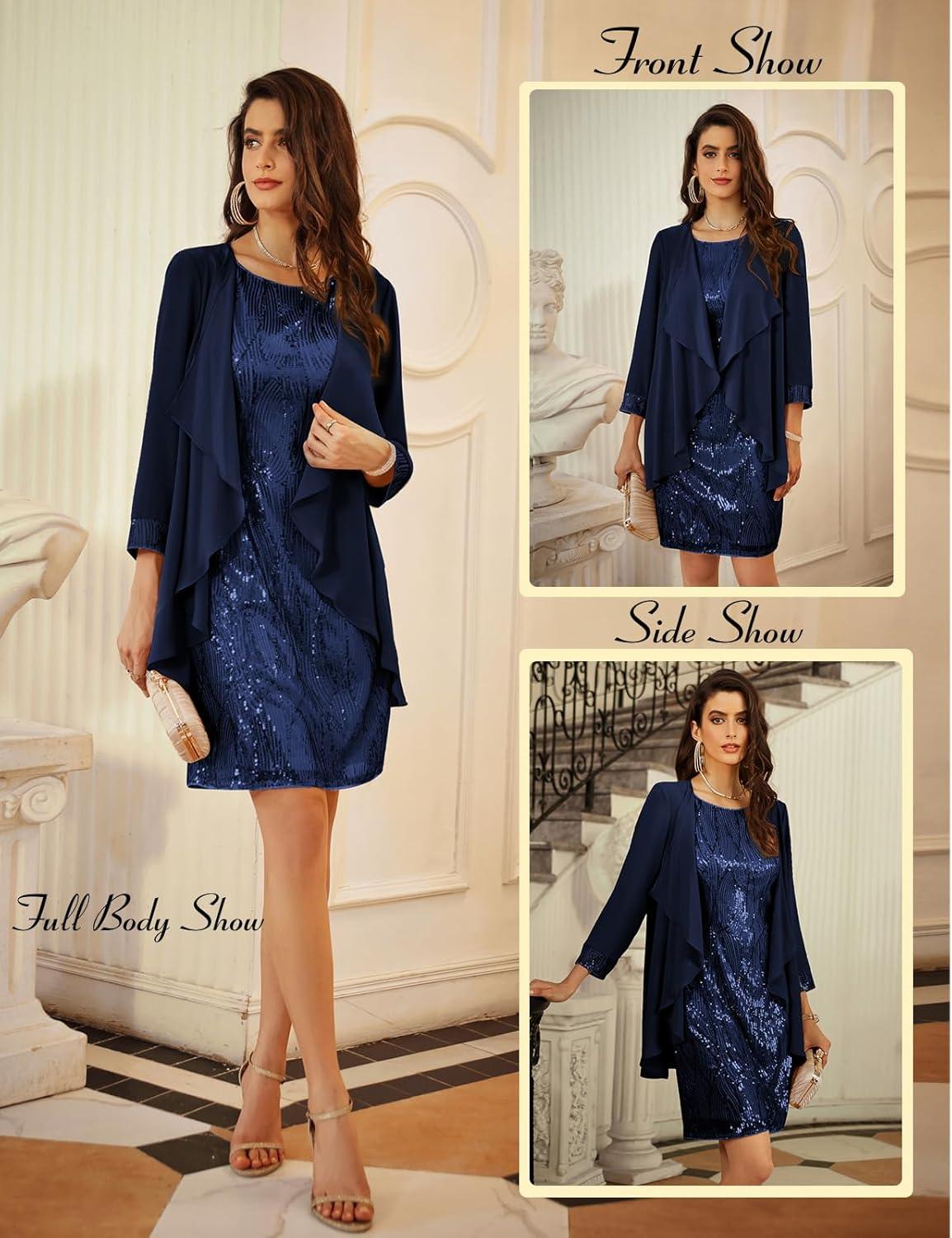 imageGRACE KARIN Womens Sequin Dress Wedding Guest amp Mother of The Bride Formal Dress Two Piece Knee LengthNavy Blue