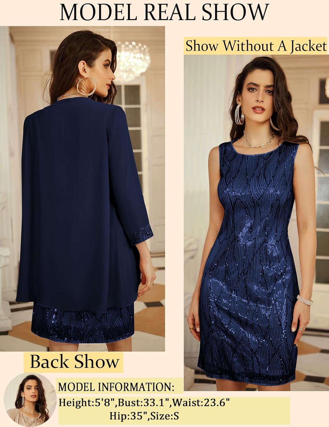 imageGRACE KARIN Womens Sequin Dress Wedding Guest amp Mother of The Bride Formal Dress Two Piece Knee LengthNavy Blue