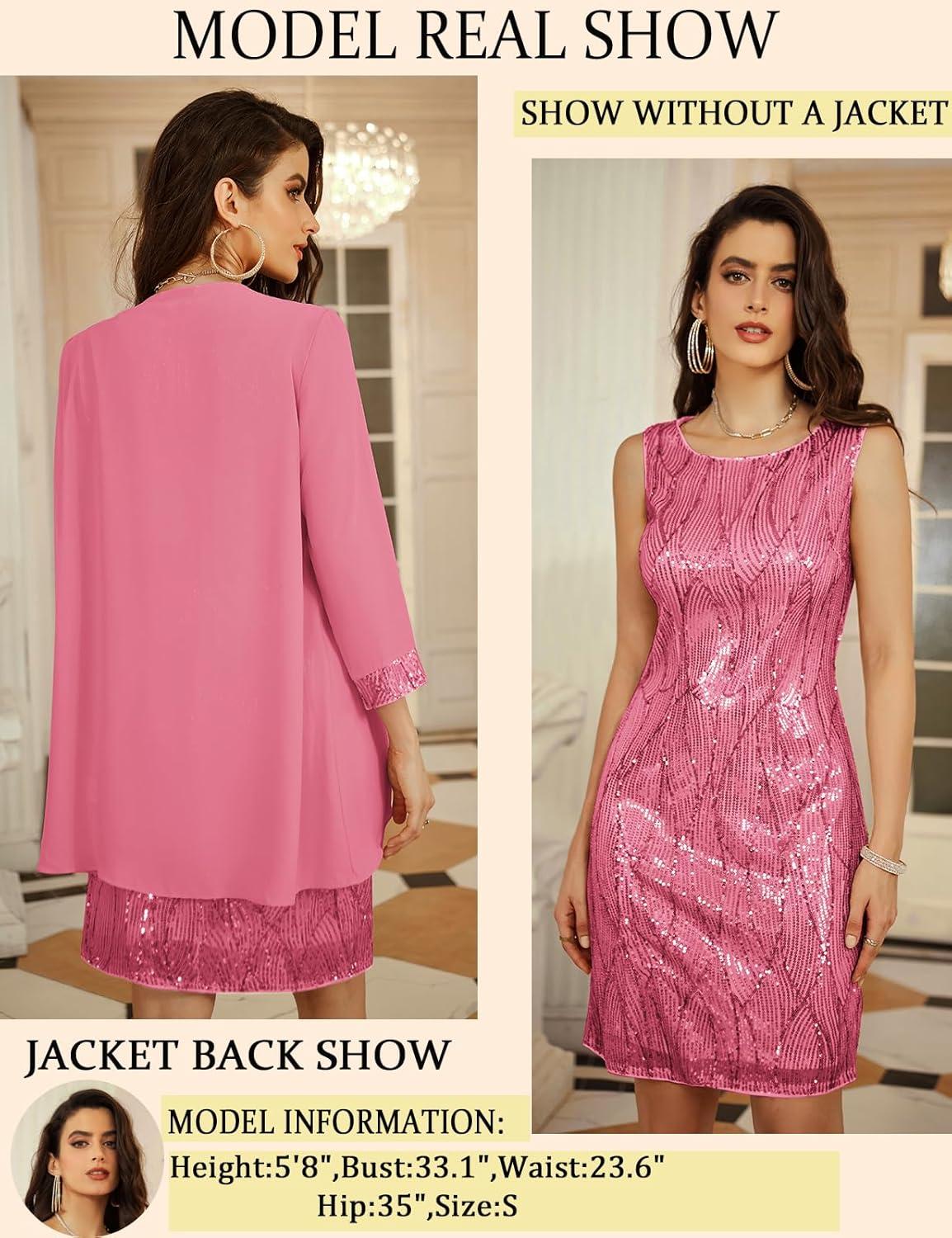 imageGRACE KARIN Womens Sequin Dress Wedding Guest amp Mother of The Bride Formal Dress Two Piece Knee LengthPeach Pink Peach Pink