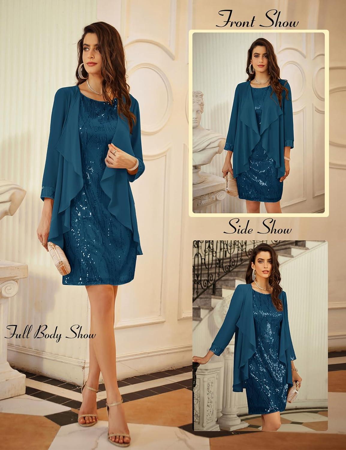 imageGRACE KARIN Womens Sequin Dress Wedding Guest amp Mother of The Bride Formal Dress Two Piece Knee LengthPeacock Blue