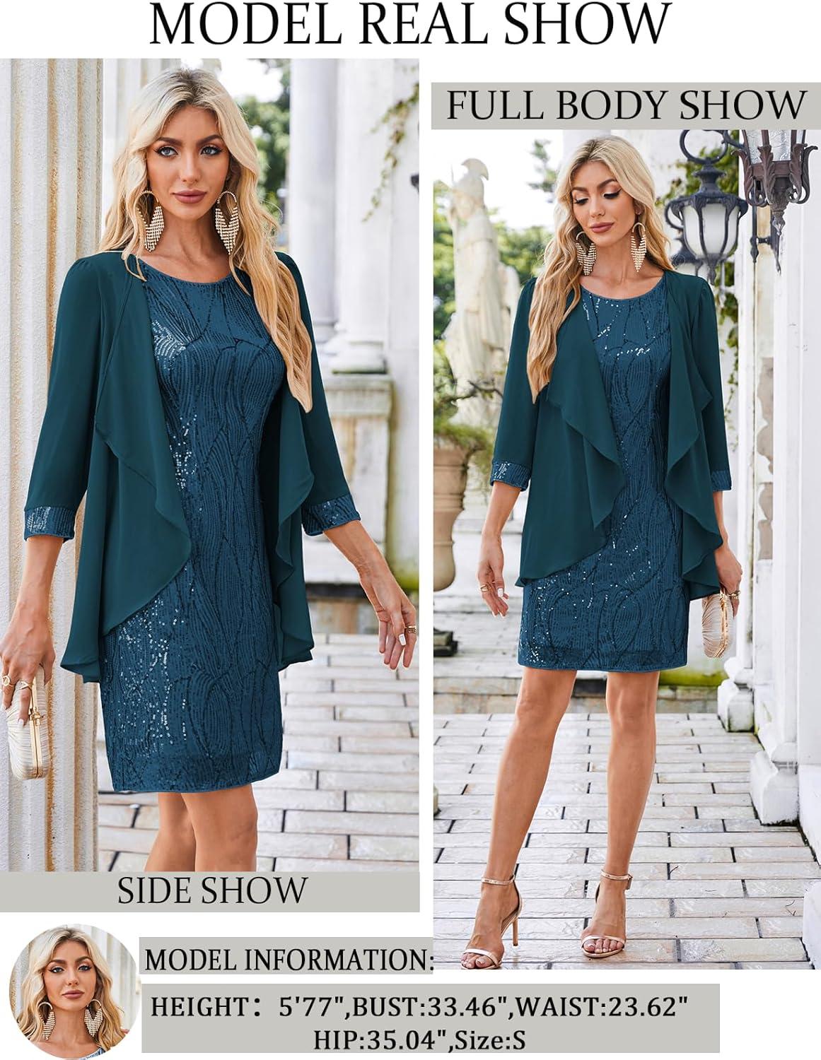 imageGRACE KARIN Womens Sequin Dress Wedding Guest amp Mother of The Bride Formal Dress Two Piece Knee LengthPeacock Blue