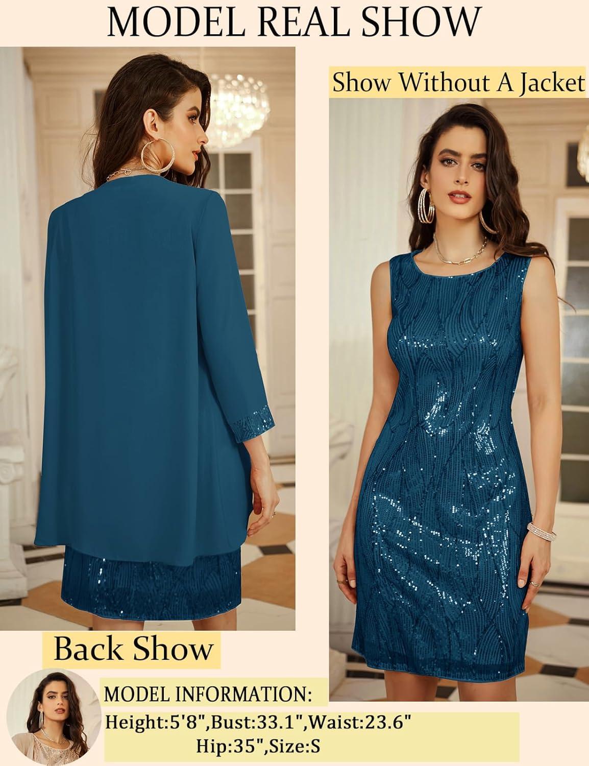 imageGRACE KARIN Womens Sequin Dress Wedding Guest amp Mother of The Bride Formal Dress Two Piece Knee LengthPeacock Blue