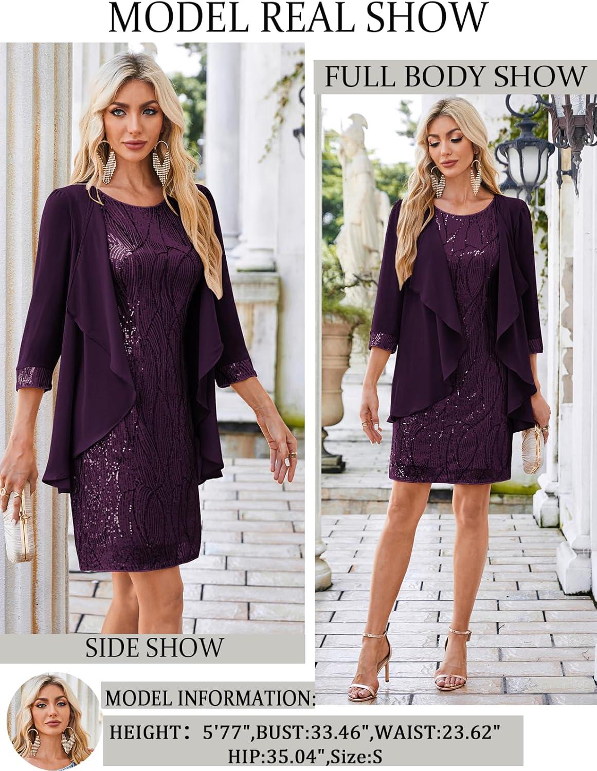 imageGRACE KARIN Womens Sequin Dress Wedding Guest amp Mother of The Bride Formal Dress Two Piece Knee LengthPurple