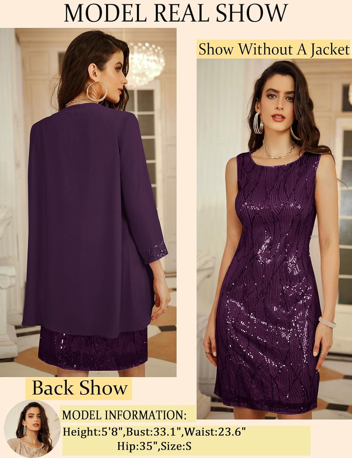 imageGRACE KARIN Womens Sequin Dress Wedding Guest amp Mother of The Bride Formal Dress Two Piece Knee LengthPurple