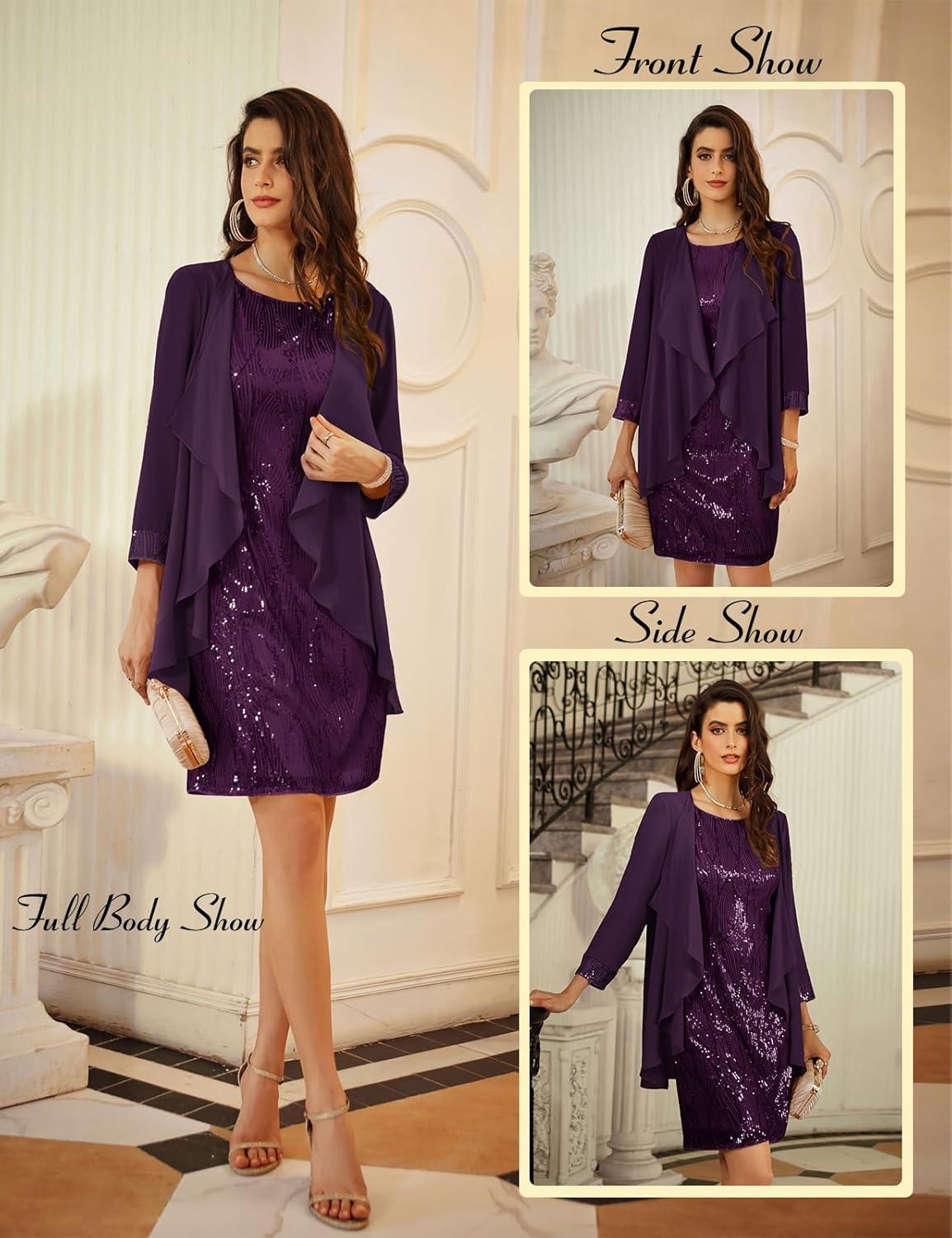 imageGRACE KARIN Womens Sequin Dress Wedding Guest amp Mother of The Bride Formal Dress Two Piece Knee LengthPurple