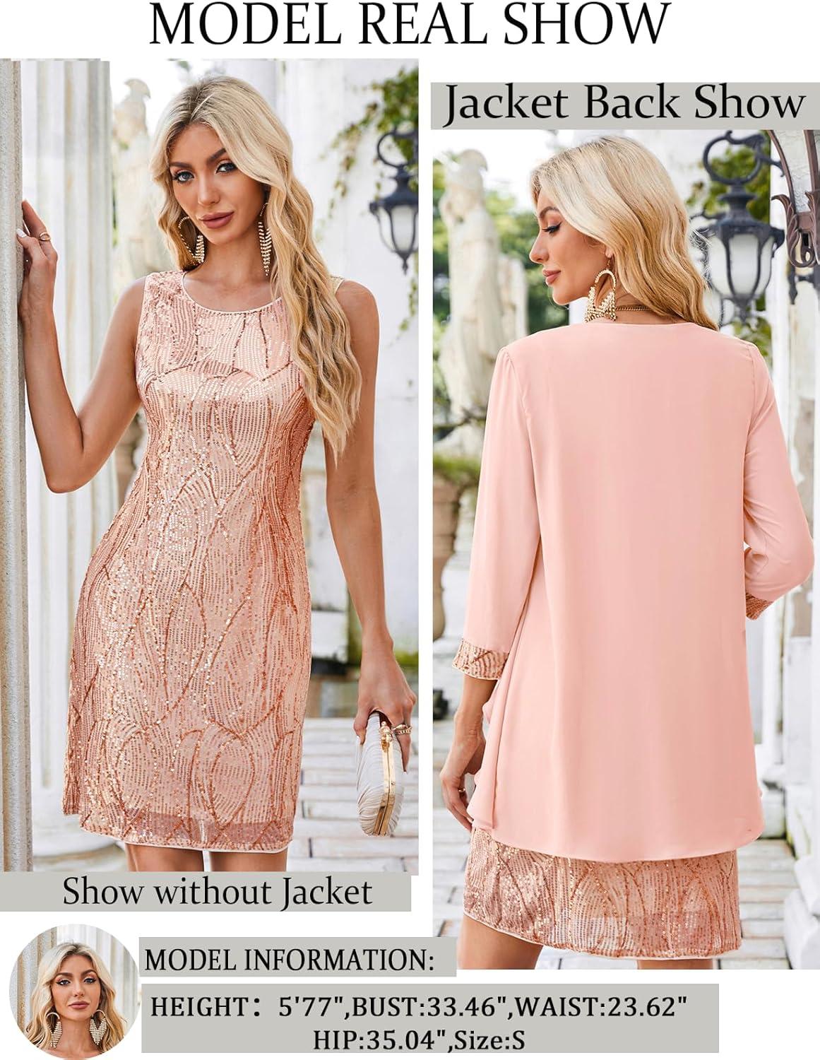 imageGRACE KARIN Womens Sequin Dress Wedding Guest amp Mother of The Bride Formal Dress Two Piece Knee LengthRose Gold