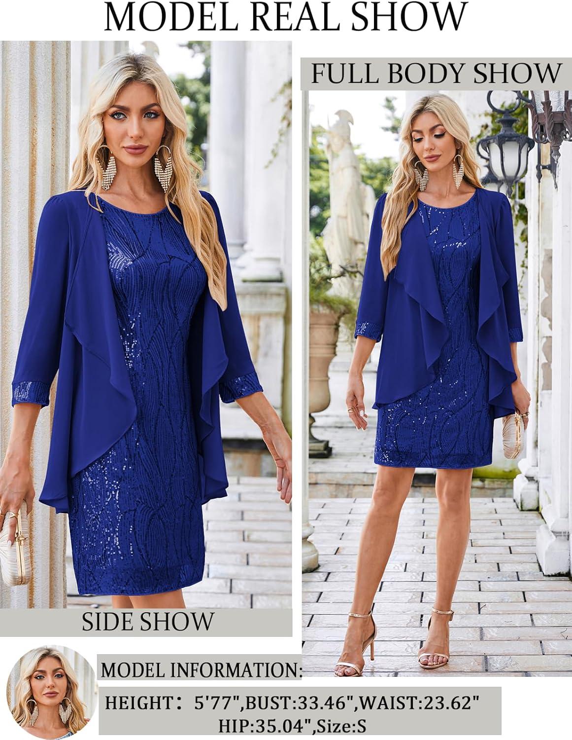 imageGRACE KARIN Womens Sequin Dress Wedding Guest amp Mother of The Bride Formal Dress Two Piece Knee LengthRoyal Blue