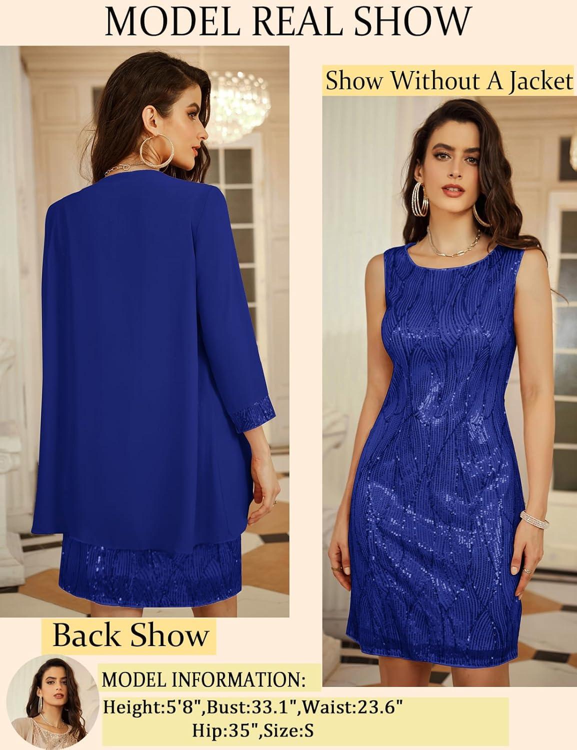 imageGRACE KARIN Womens Sequin Dress Wedding Guest amp Mother of The Bride Formal Dress Two Piece Knee LengthRoyal Blue