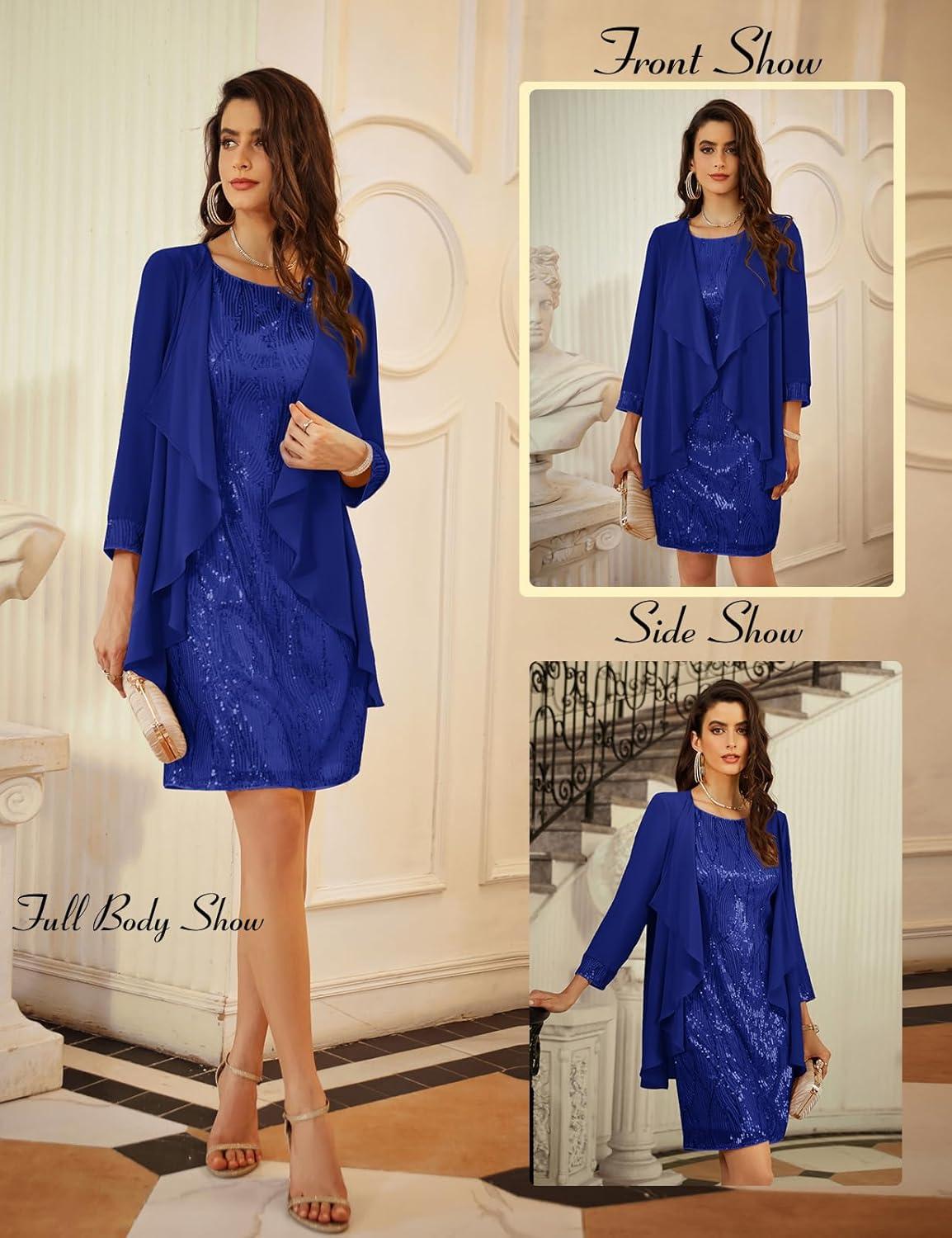 imageGRACE KARIN Womens Sequin Dress Wedding Guest amp Mother of The Bride Formal Dress Two Piece Knee LengthRoyal Blue