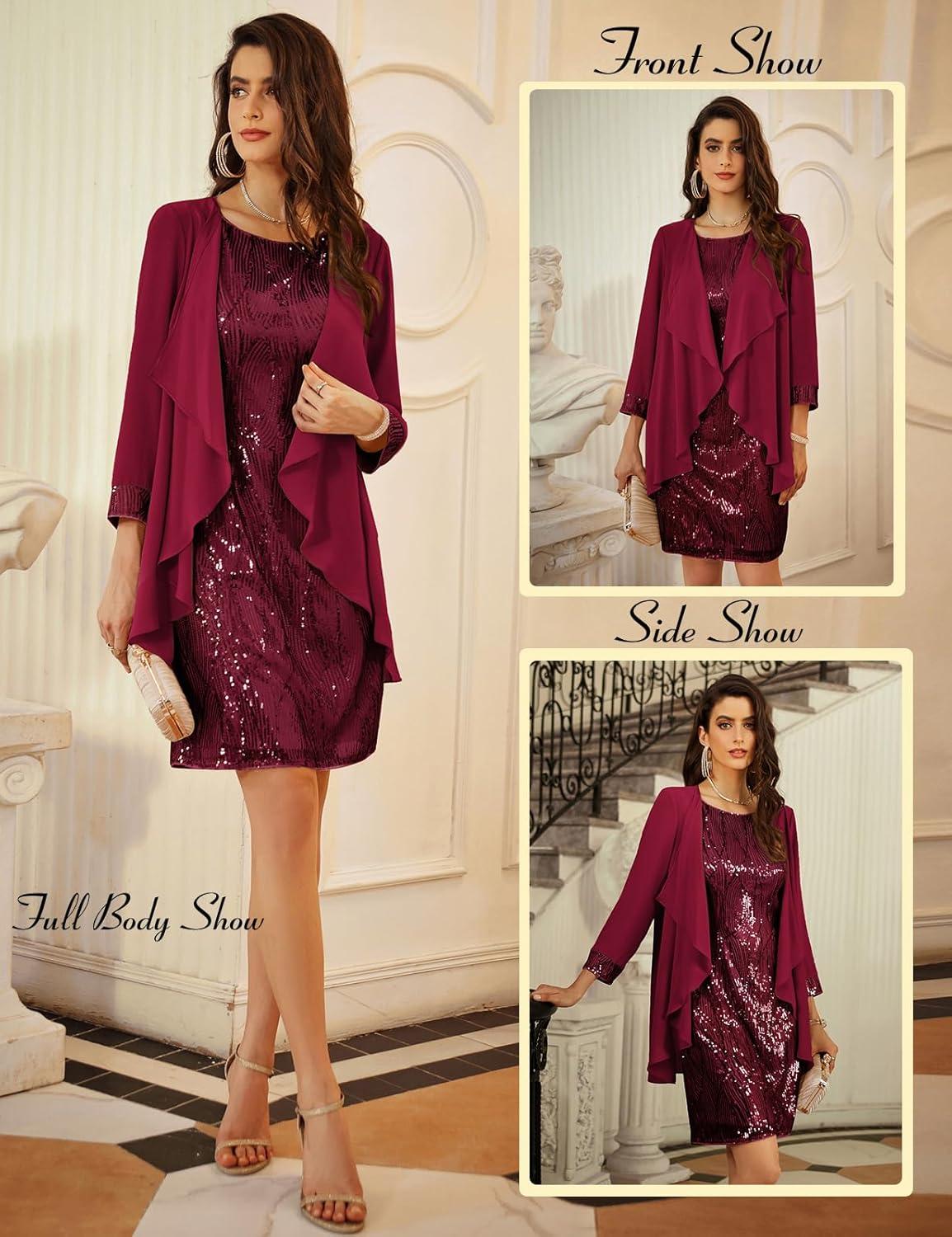 imageGRACE KARIN Womens Sequin Dress Wedding Guest amp Mother of The Bride Formal Dress Two Piece Knee LengthWine Red