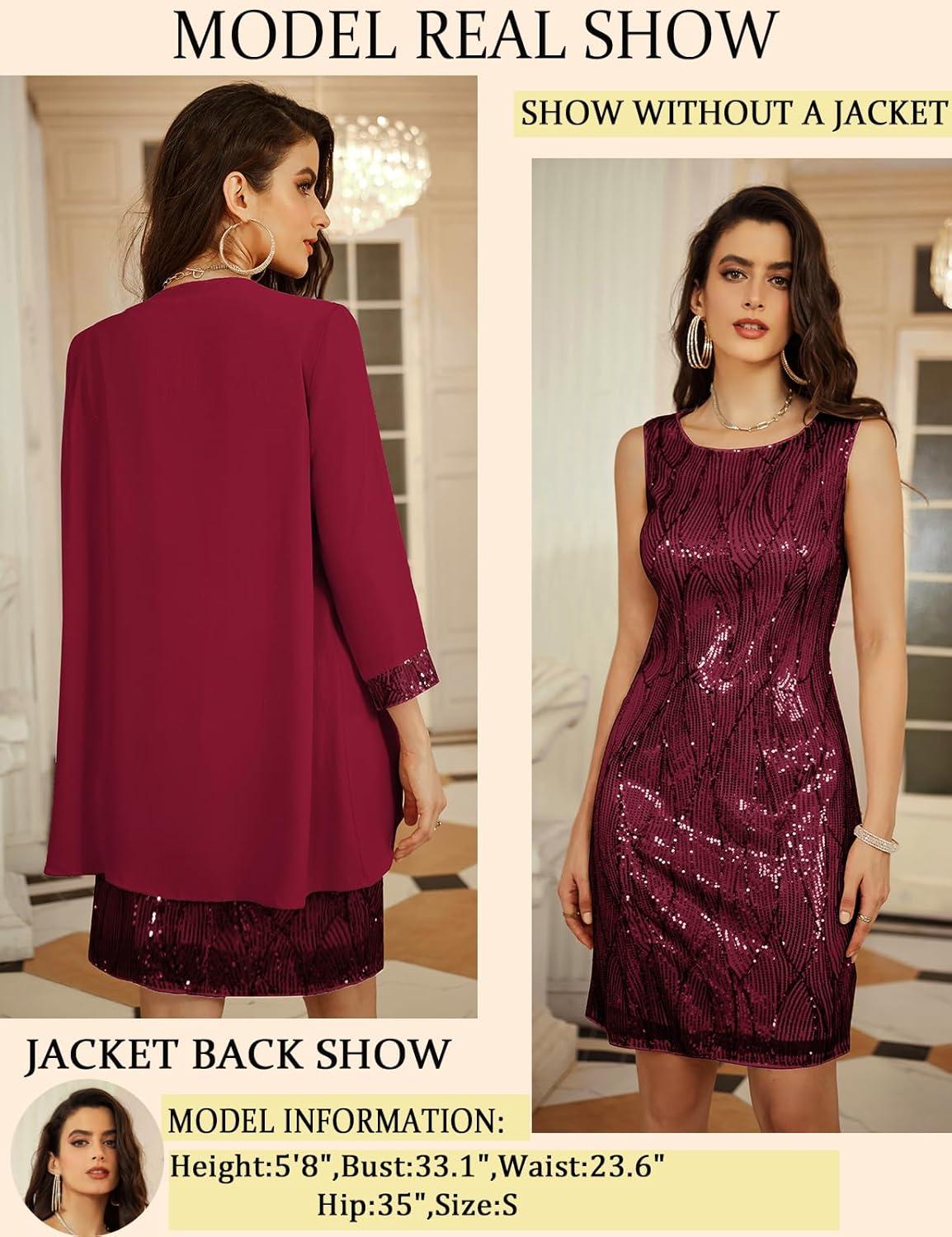 imageGRACE KARIN Womens Sequin Dress Wedding Guest amp Mother of The Bride Formal Dress Two Piece Knee LengthWine Red